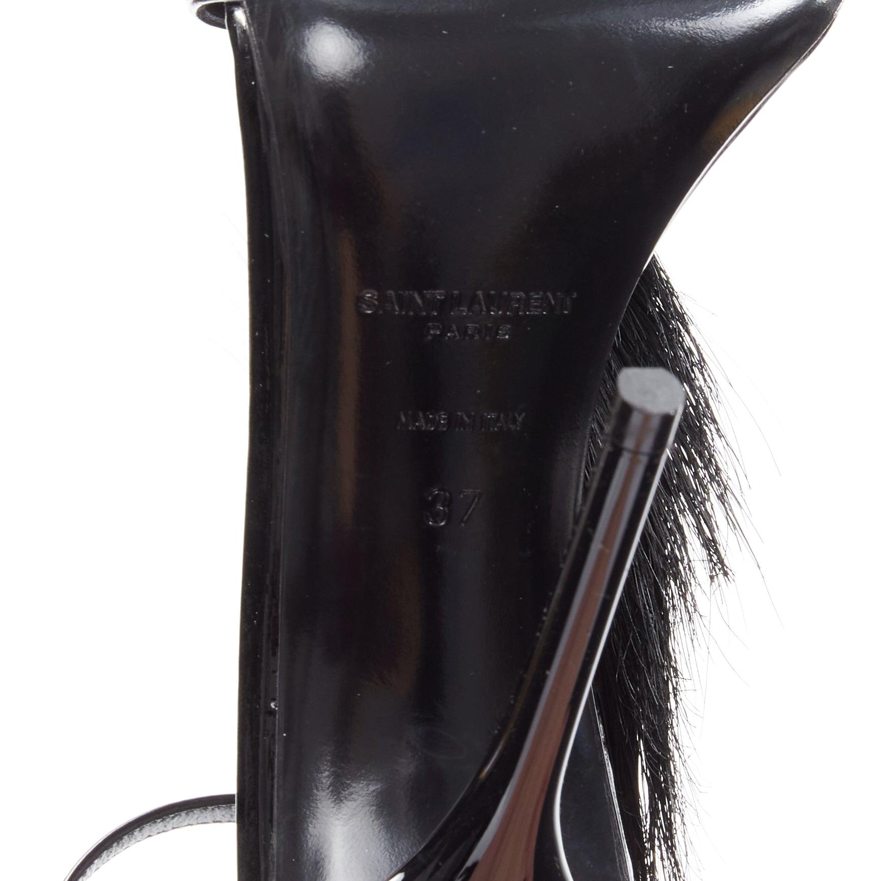 SAINT LAURENT Jamie 110 Runway black fur mohawk patent sandals EU37 7