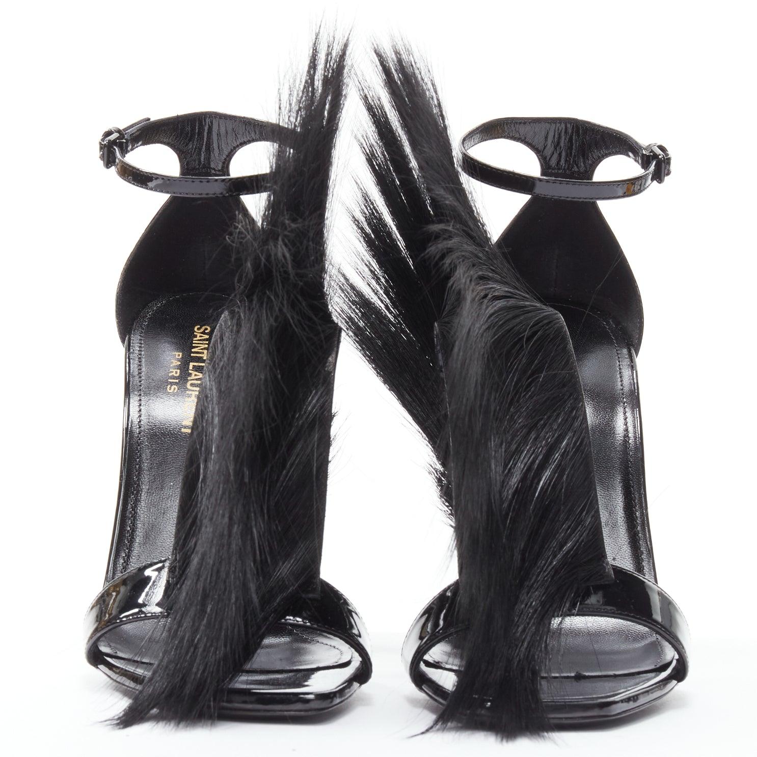 Black SAINT LAURENT Jamie 110 Runway black fur mohawk patent sandals EU37