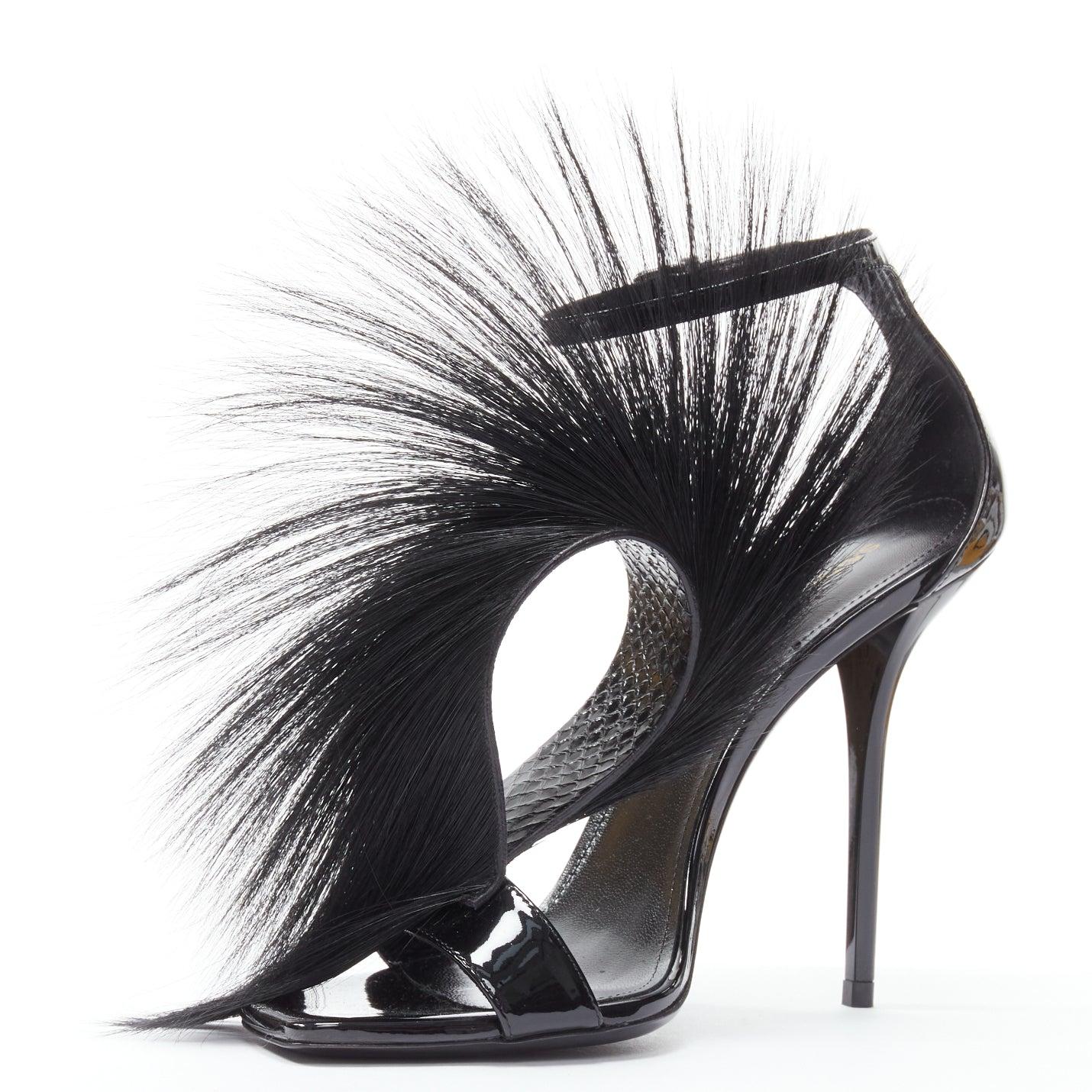 Women's SAINT LAURENT Jamie 110 Runway black fur mohawk patent sandals EU37