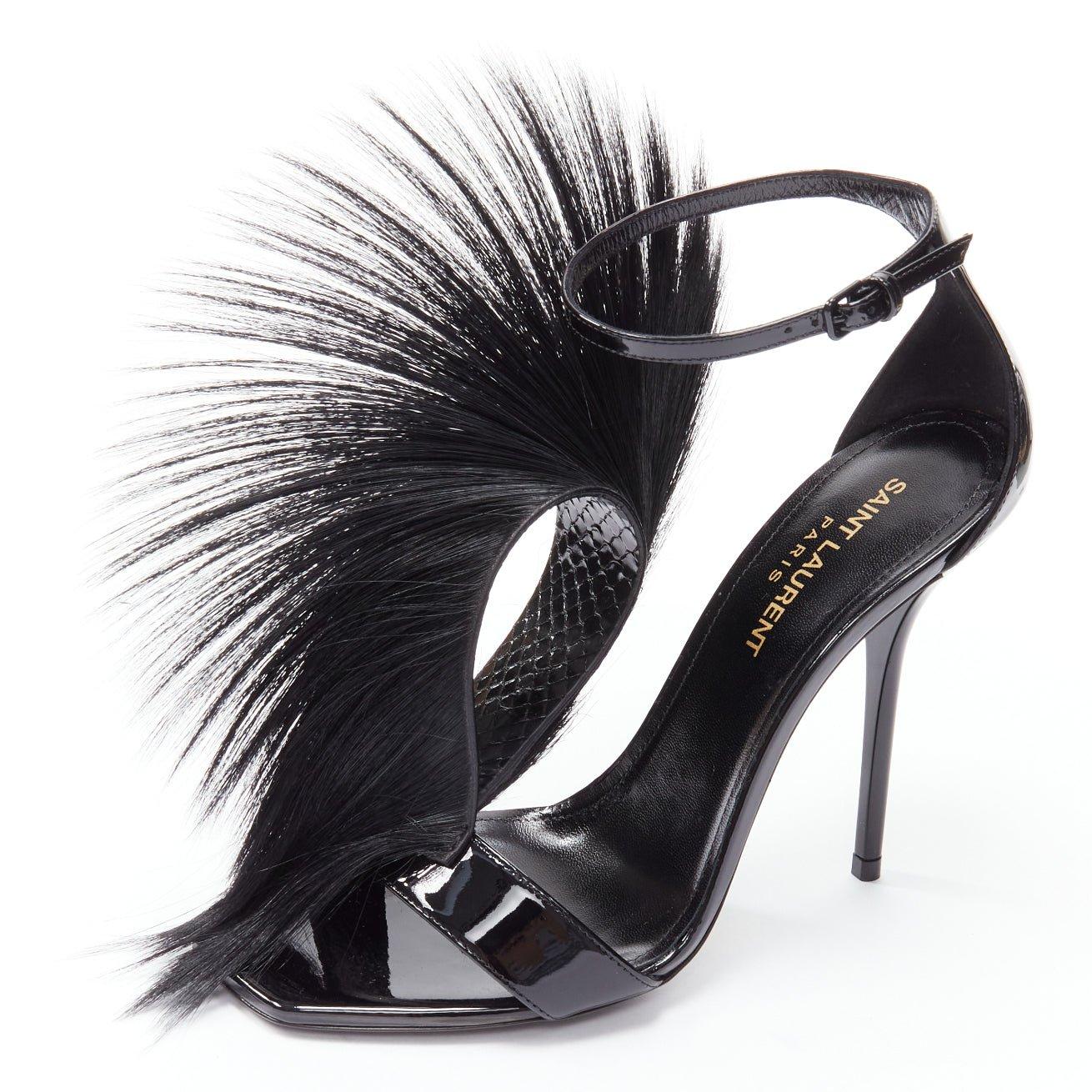 SAINT LAURENT Jamie 110 Runway black fur mohawk patent sandals EU37 4
