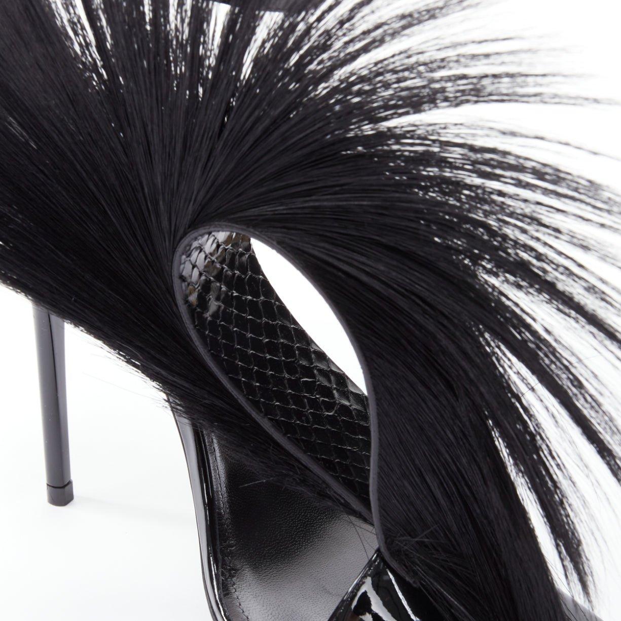 SAINT LAURENT Jamie 110 Runway black fur mohawk patent sandals EU37 5