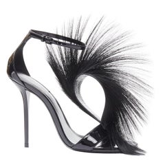 SAINT LAURENT Jamie 110 Runway black fur mohawk patent sandals EU37.5