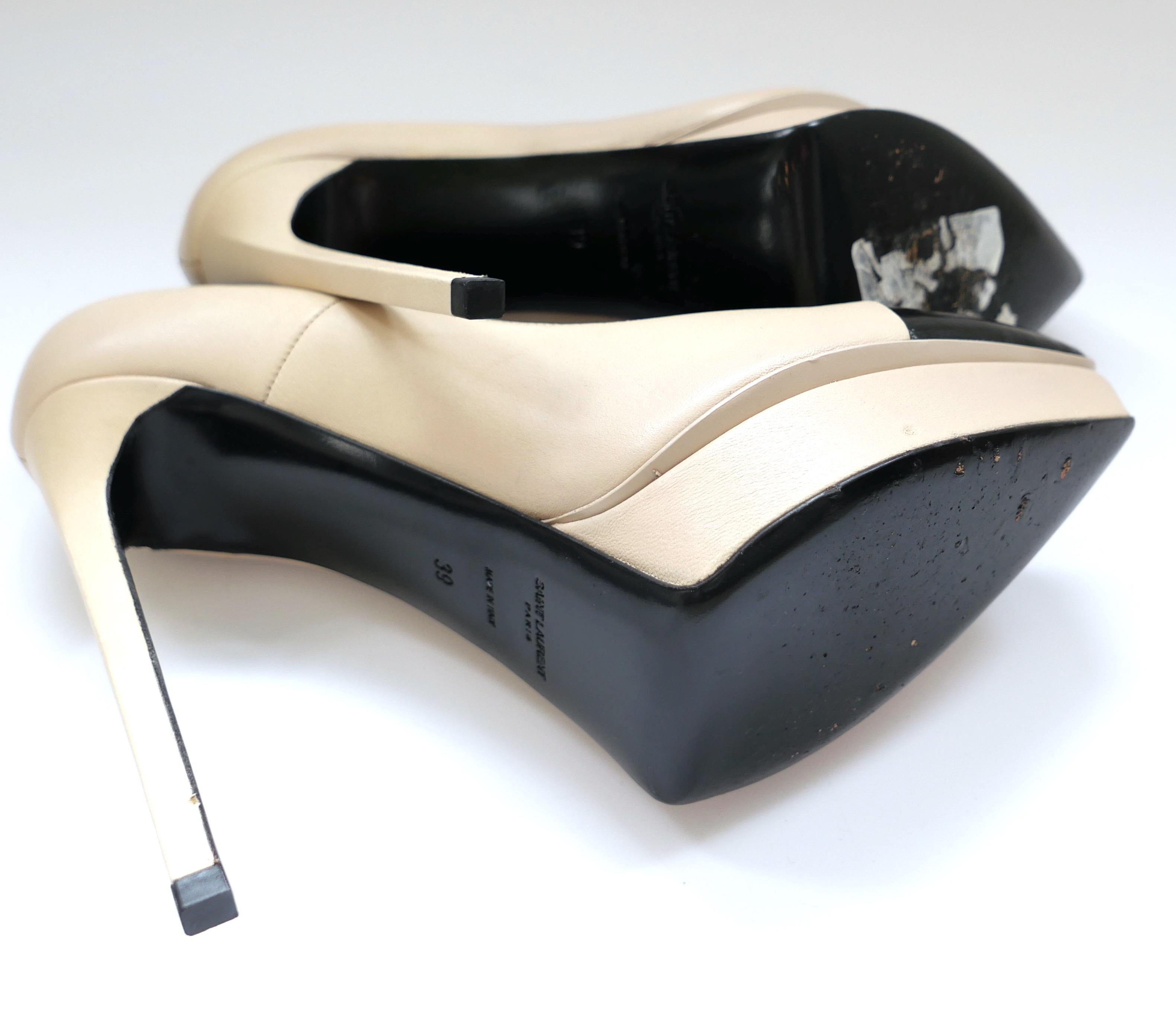 Women's Saint Laurent Janis Beige & Black Toe Cap Platform Pumps Heels. For Sale
