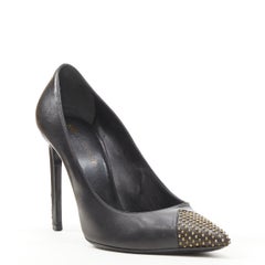 SAINT LAURENT Janis black leather gold icro stud toe cap high heel pump EU38