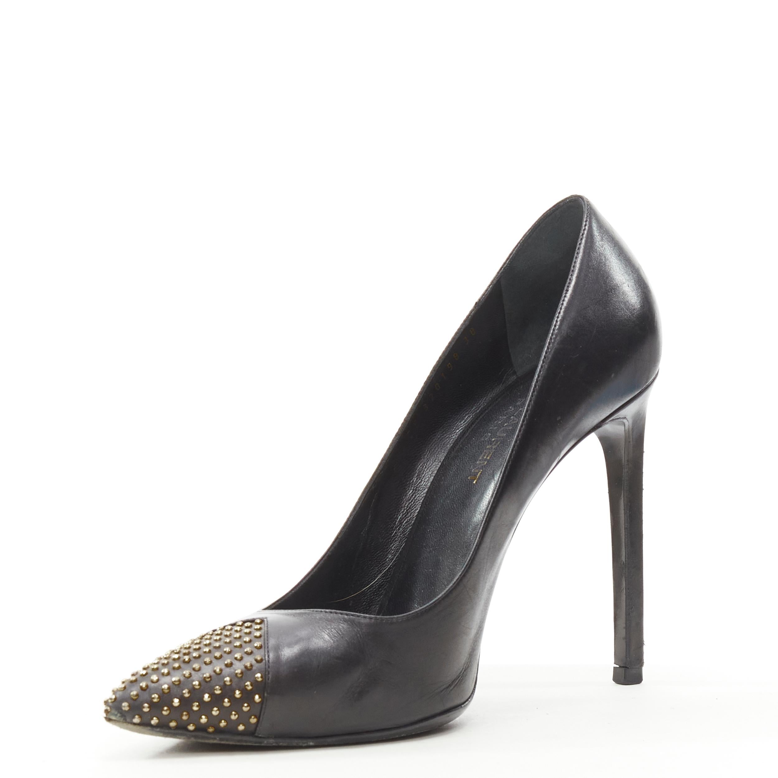 Women's SAINT LAURENT Janis black leather gold icro stud toe cap high heel pump EU38