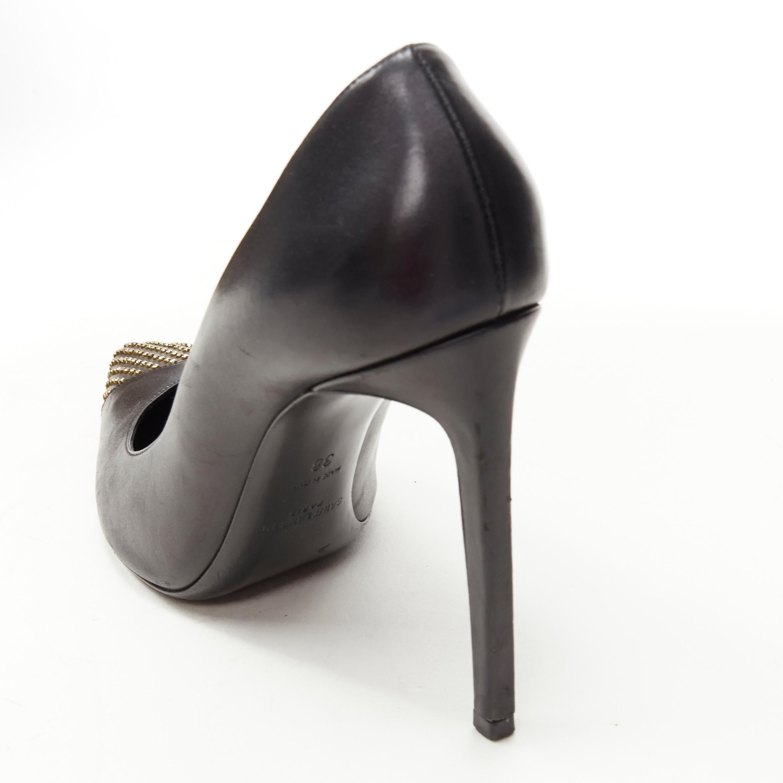 SAINT LAURENT Janis black leather gold icro stud toe cap high heel pump EU38 4