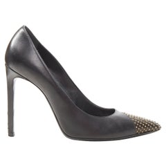 SAINT LAURENT Janis black leather gold icro stud toe cap high heel pump EU38
