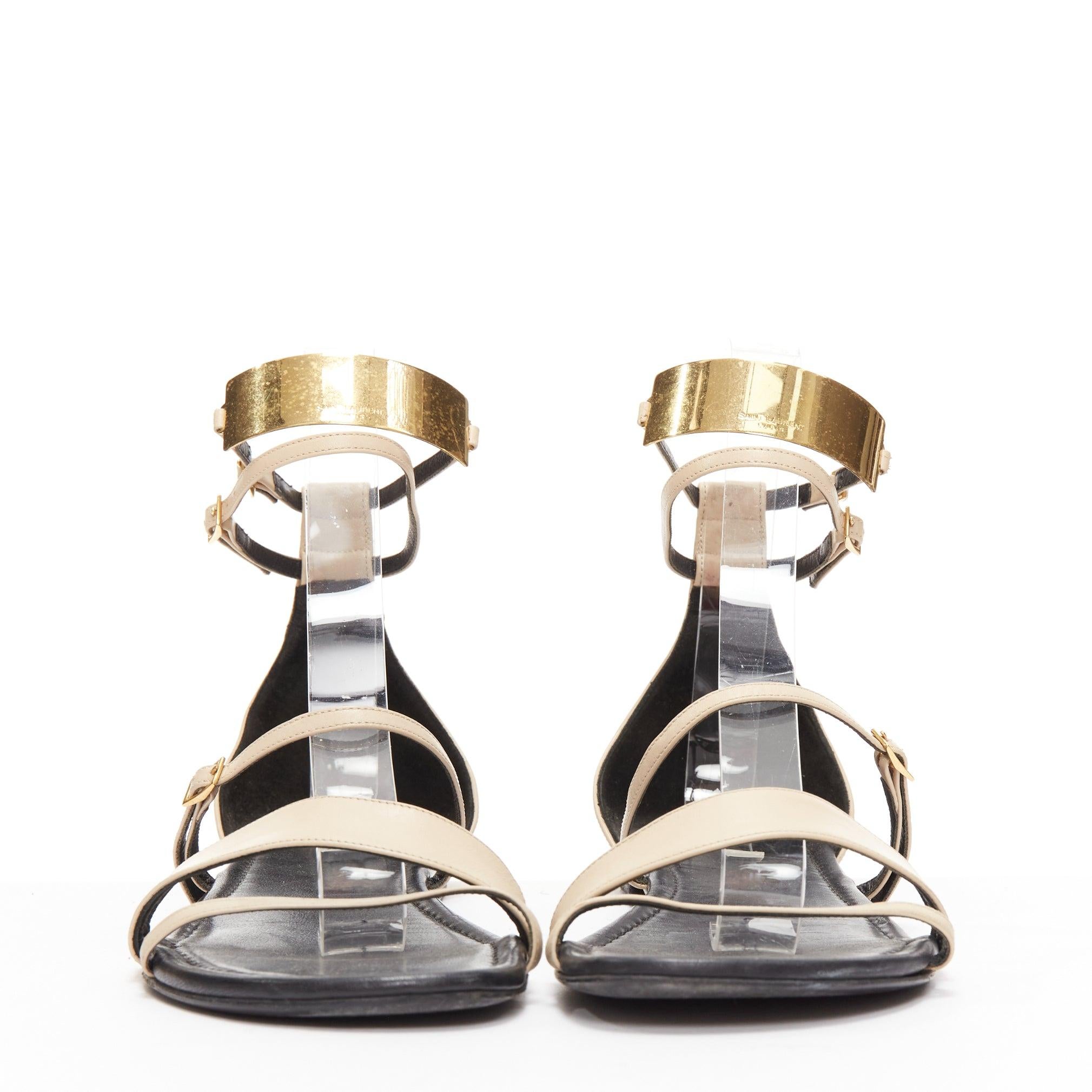 Women's SAINT LAURENT Janis nude leather gold metal bar flat sandals EU38.5 For Sale