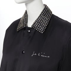 SAINT LAURENT Je T'aime Teddy black satin crystal collar bomber jacket FR34