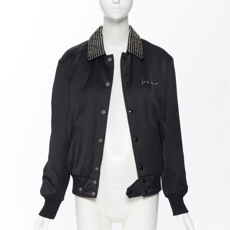 Black SAINT LAURENT Je T'aime Teddy black satin crystal collar bomber jacket FR34 For Sale