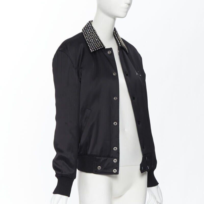 Women's SAINT LAURENT Je T'aime Teddy black satin crystal collar bomber jacket FR34 For Sale