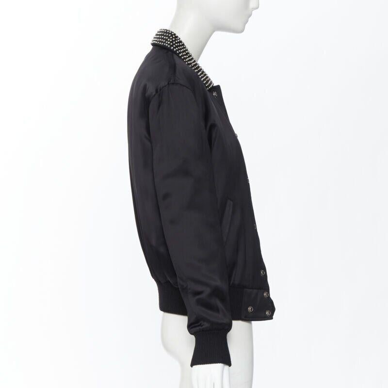 SAINT LAURENT Je T'aime Teddy black satin crystal collar bomber jacket FR34 For Sale 1