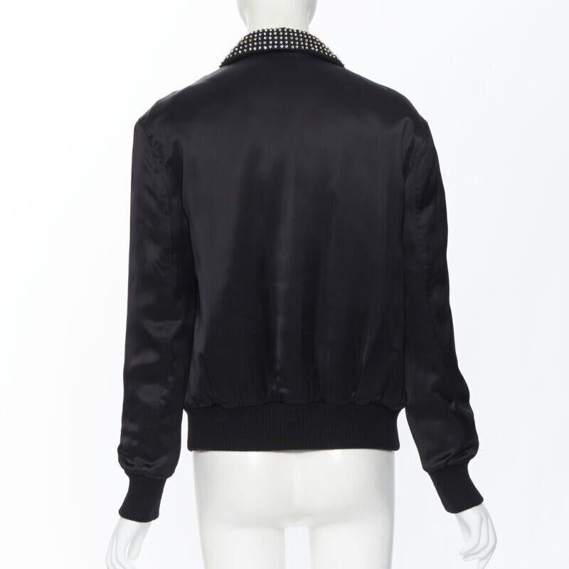 SAINT LAURENT Je T'aime Teddy black satin crystal collar bomber jacket FR34 For Sale 2