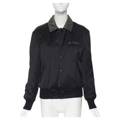 SAINT LAURENT Je T'aime Teddy black satin crystal collar bomber jacket FR34