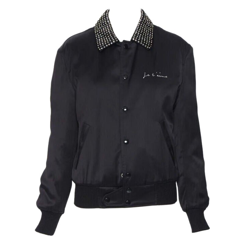 SAINT LAURENT Je T'aime Teddy Bomberjacke mit schwarzem Satin-Kristallkragen FR34