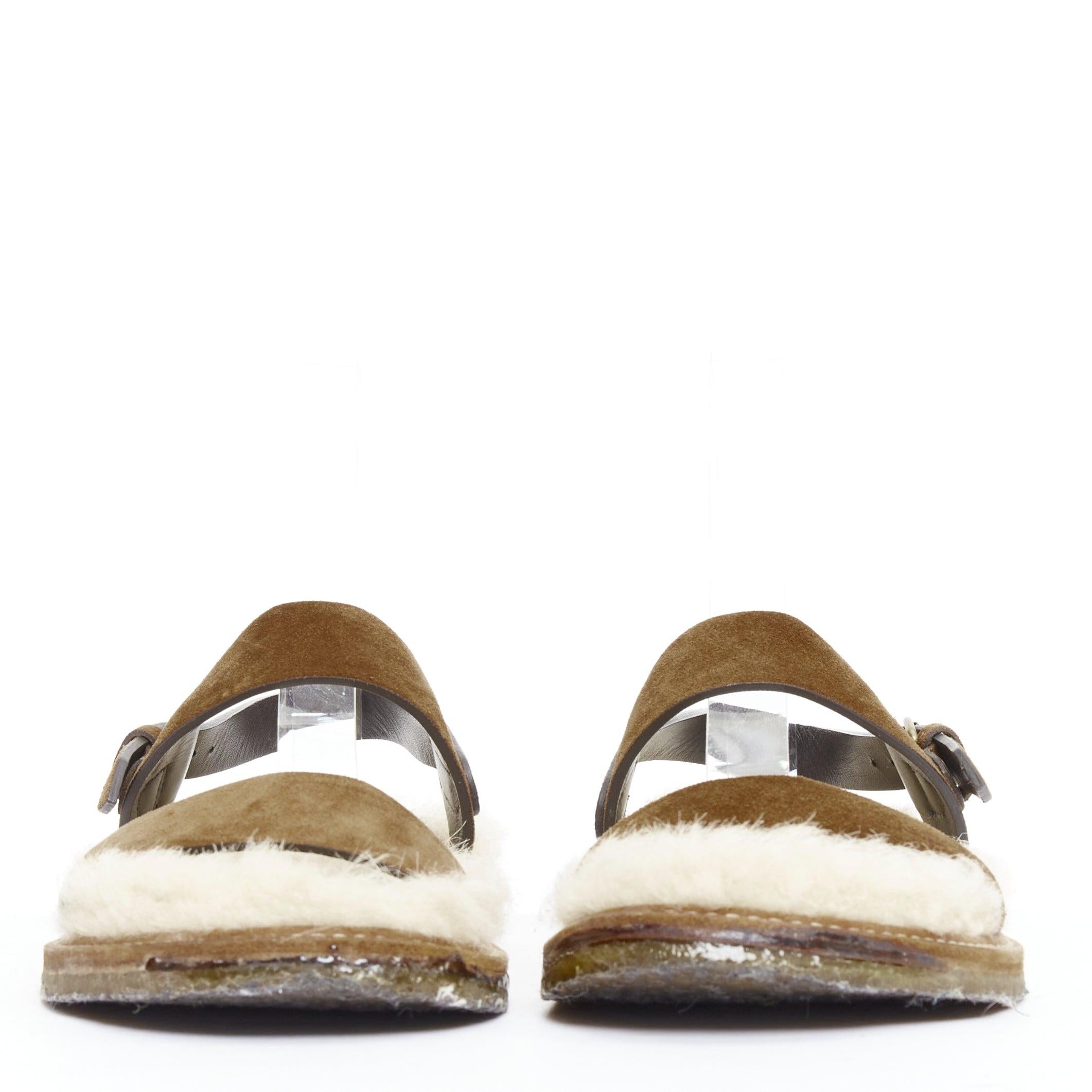 Brown SAINT LAURENT Joan Noe tan leather cream shearling lined sandals EU38 For Sale
