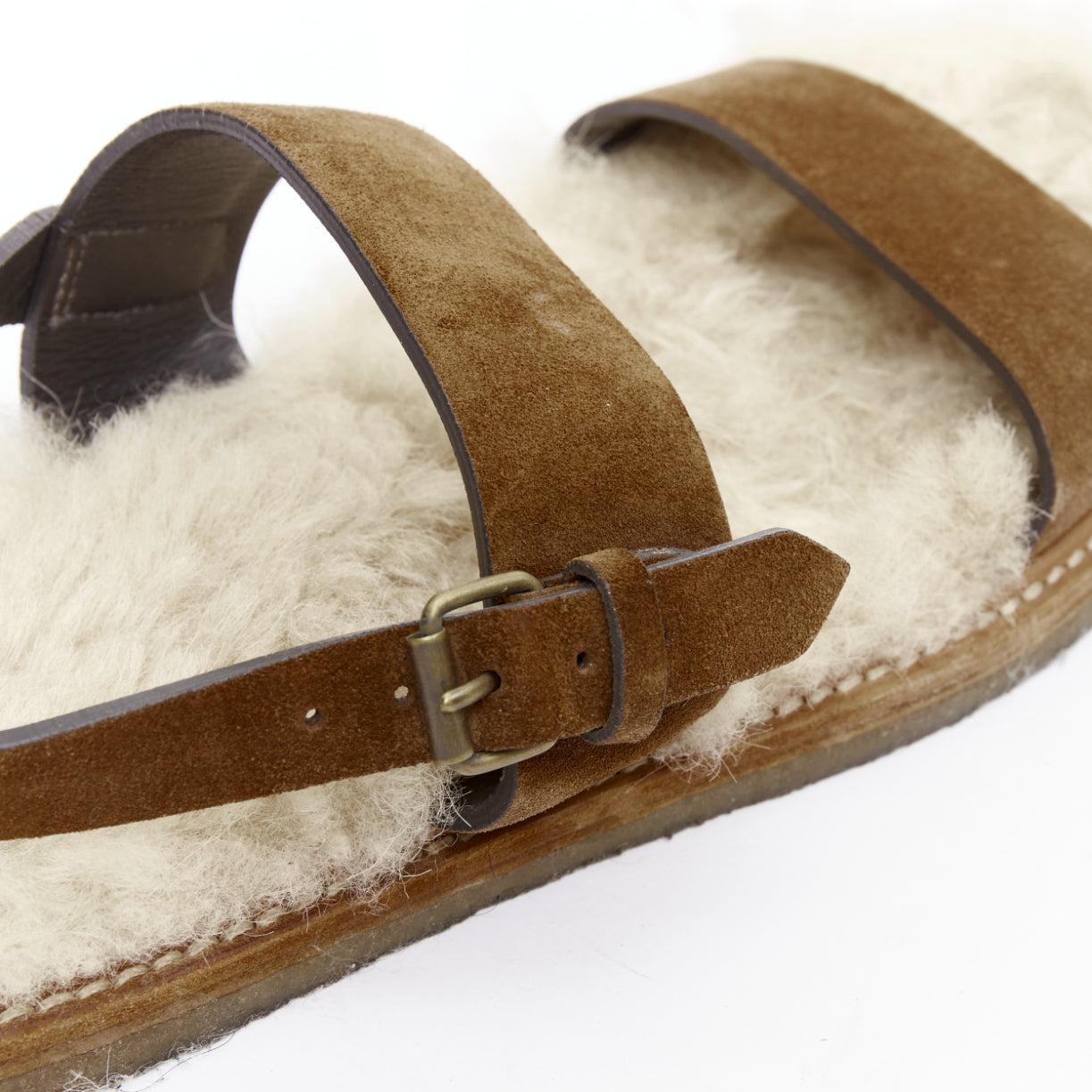 SAINT LAURENT Joan Noe tan leather cream shearling lined sandals EU38 For Sale 4