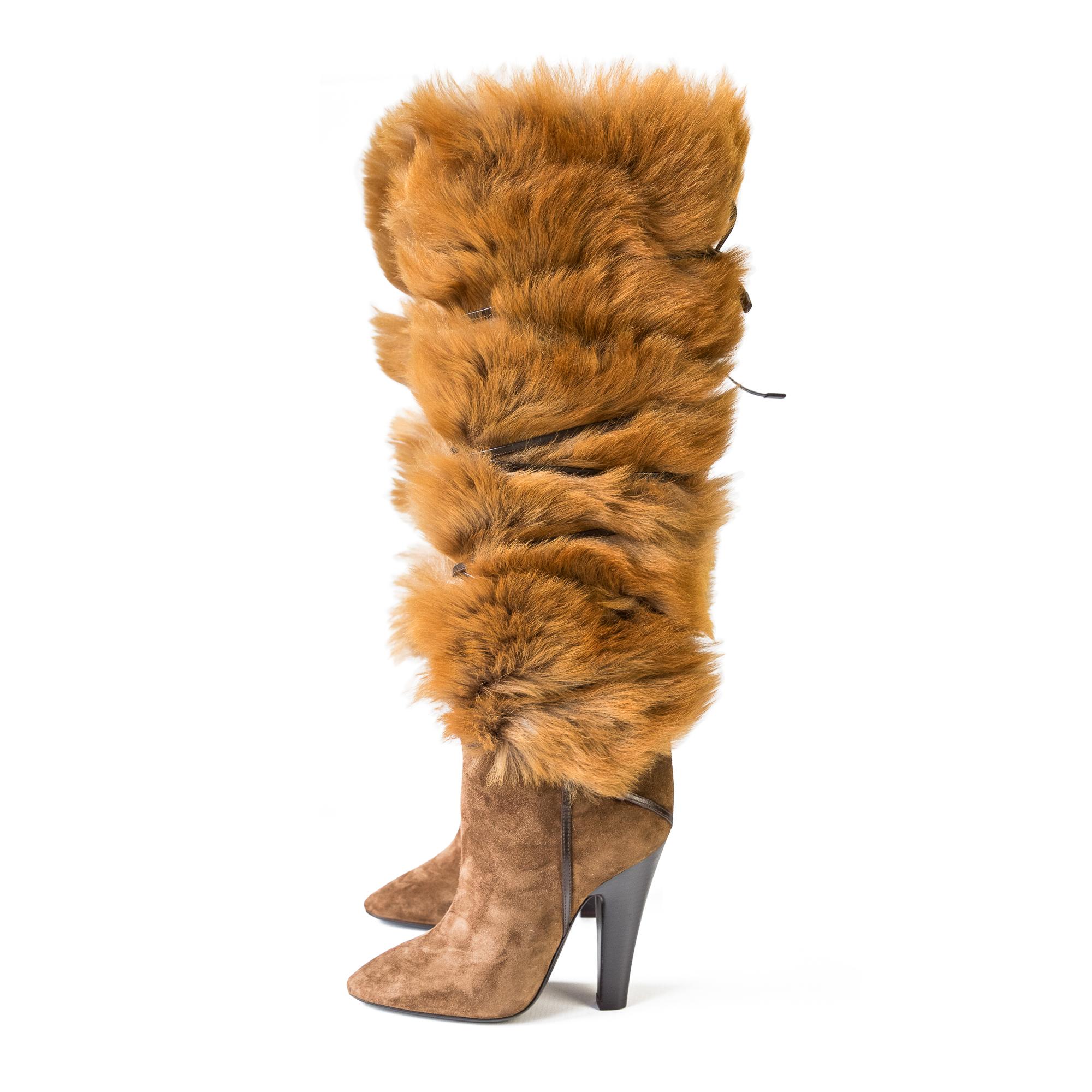 Ruder Than The Rest presents Saint Laurent 'Jokull' Koller 110 Kaiser boots in brown suede and fur. A contemporary piece that is remarkably unique and made from fine materials. Expect Saint Laurent pieces from the 2010s to have incredible vintage