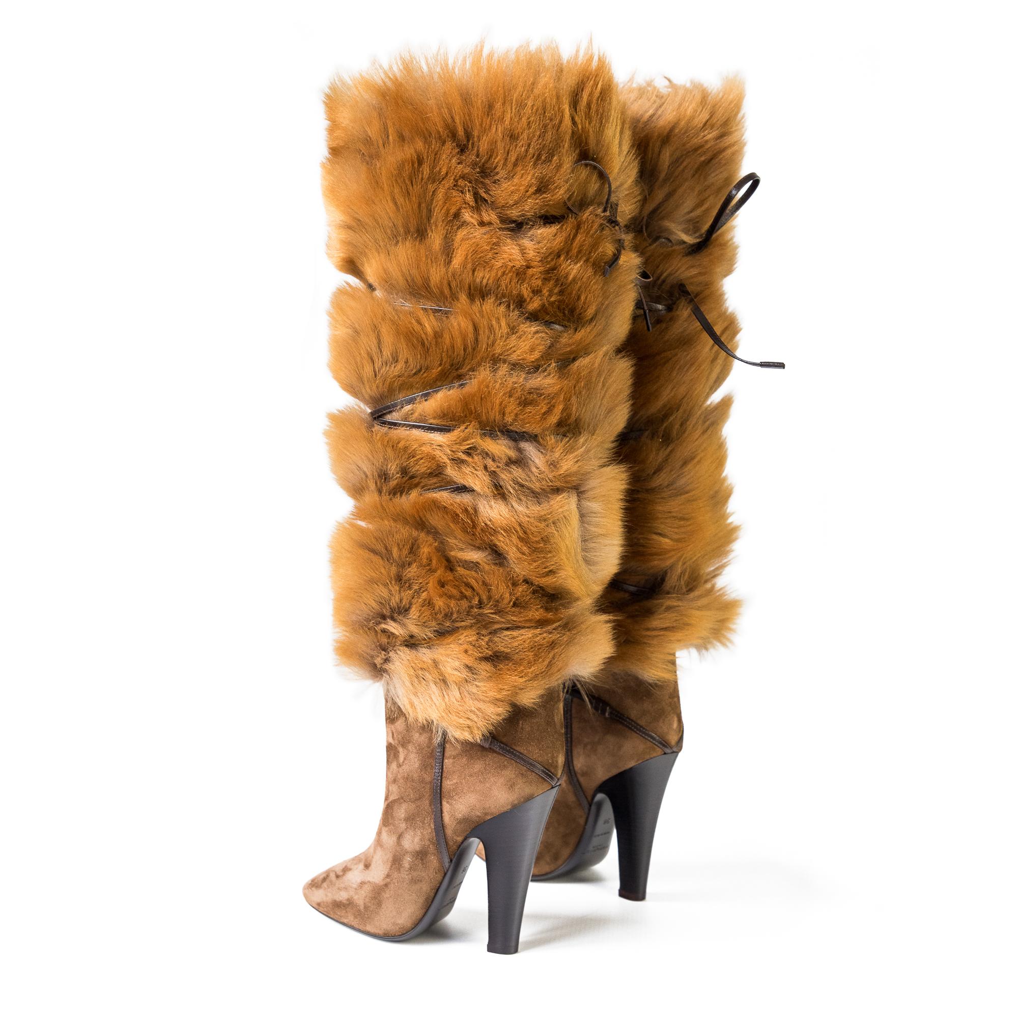 Saint Laurent Jokull Brown Fur Knee High Boots size 38 In New Condition In London, GB