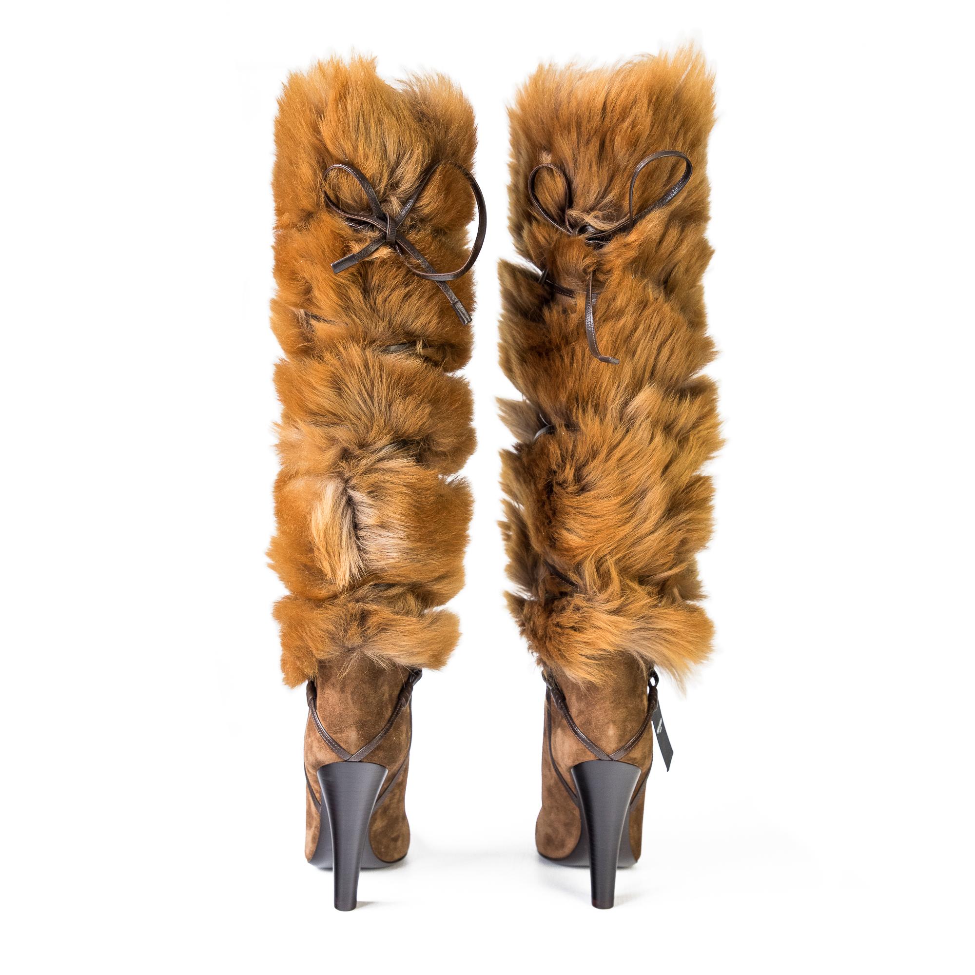 Saint Laurent Jokull Brown Fur Knee High Boots size 38 2