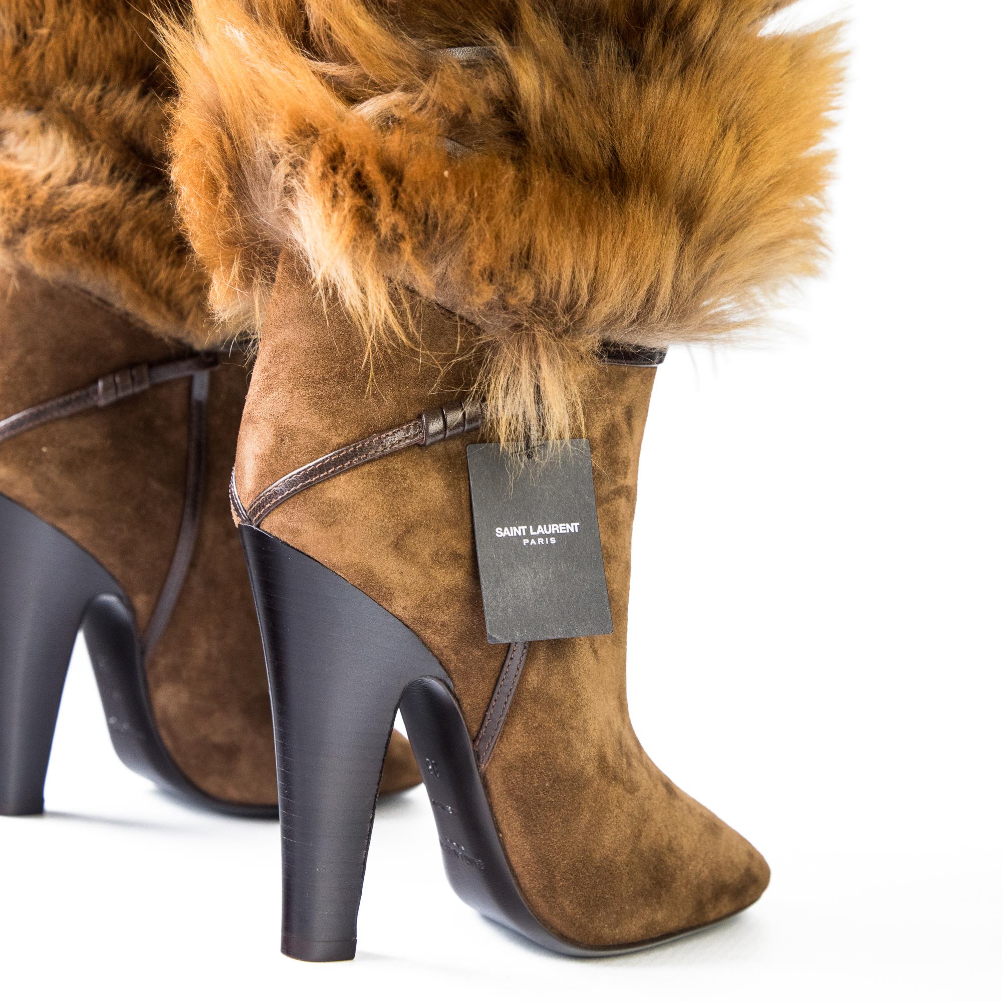 Saint Laurent Jokull Brown Fur Knee High Boots size 38 3