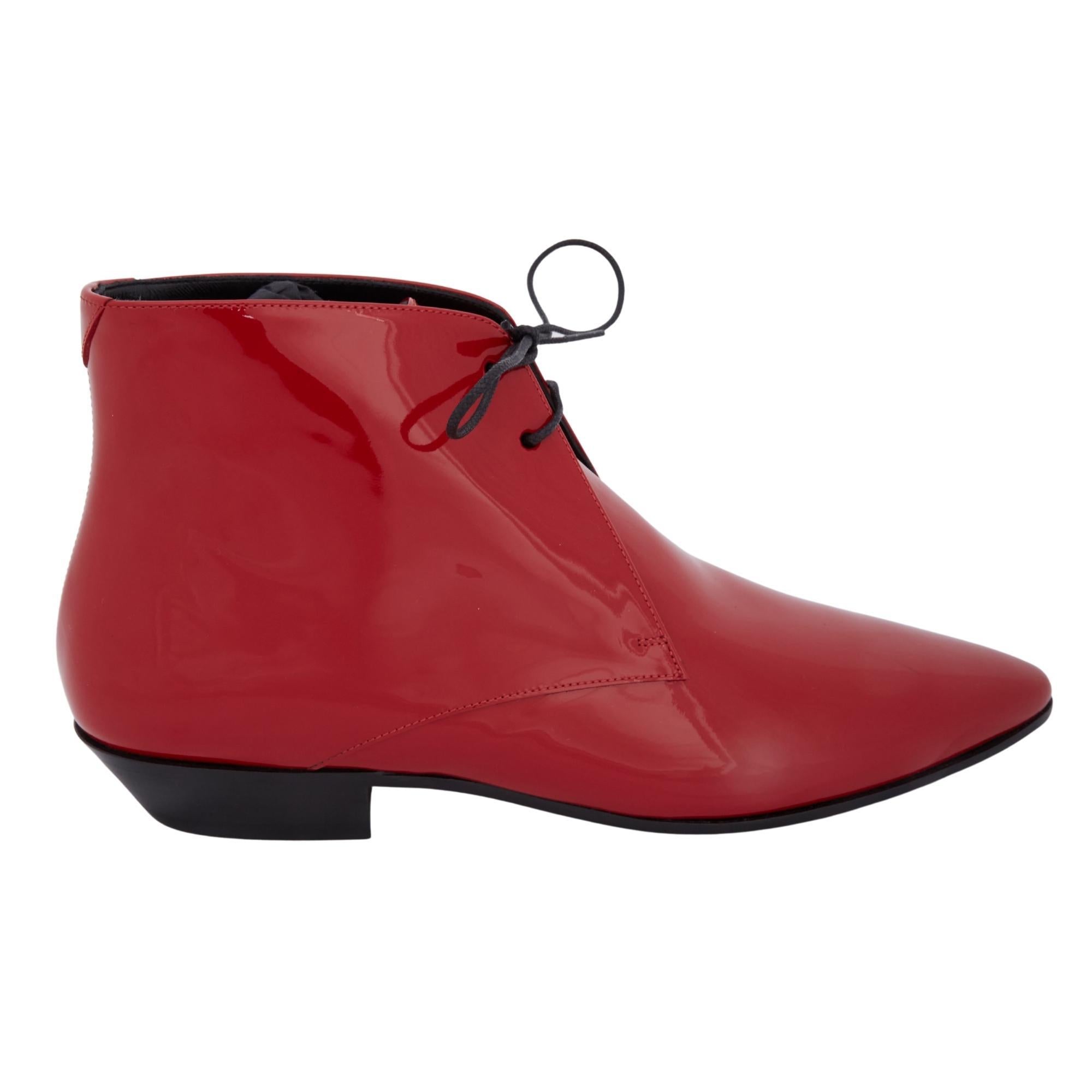 Saint Laurent Jonas Patent Red Heeled Ankle Boots (39 EU) 581845 For Sale