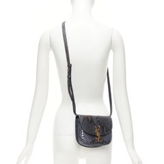 SAINT LAURENT Kaia blue scaled leather gold half moon crossbody satchel bag
