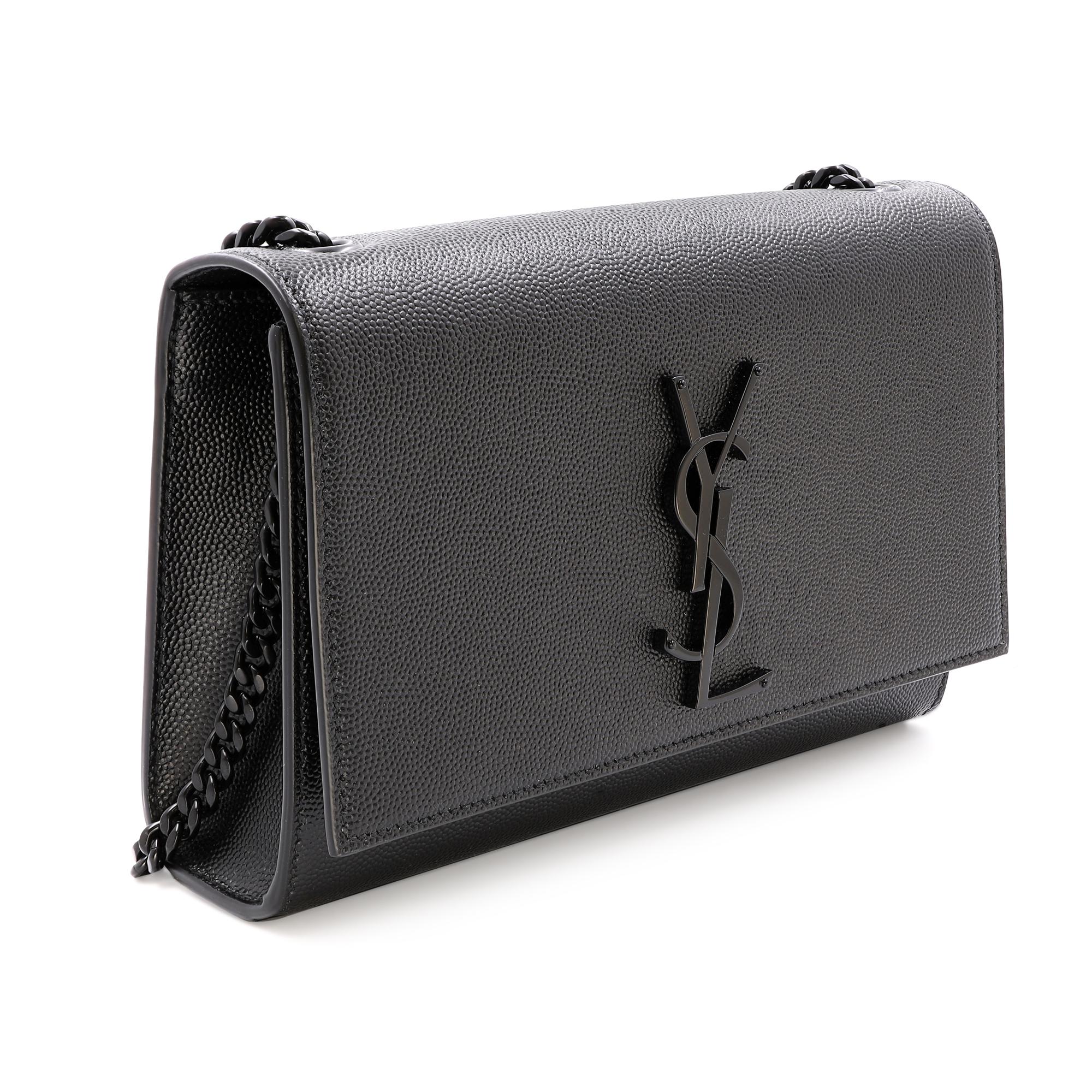 Saint Laurent Kate small shoulder bag. Featuring grained black leather with black tone logo hardware detail on the front. Comes with an adjustable black tone chain shoulder strap. The strap can be worn single or doubled. Magnetic snap flap closure