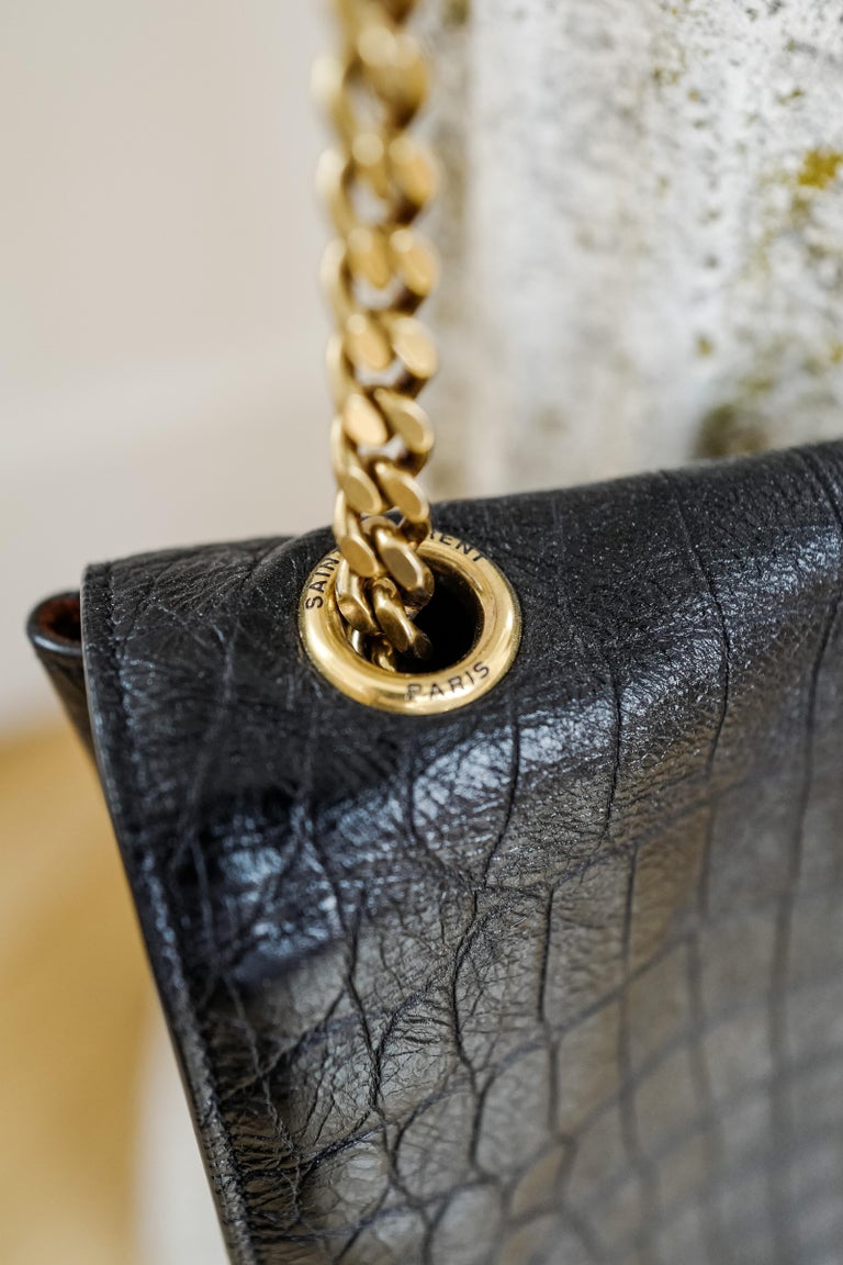Croc-embossed Kate Medium Reversible Bag Black And Brick