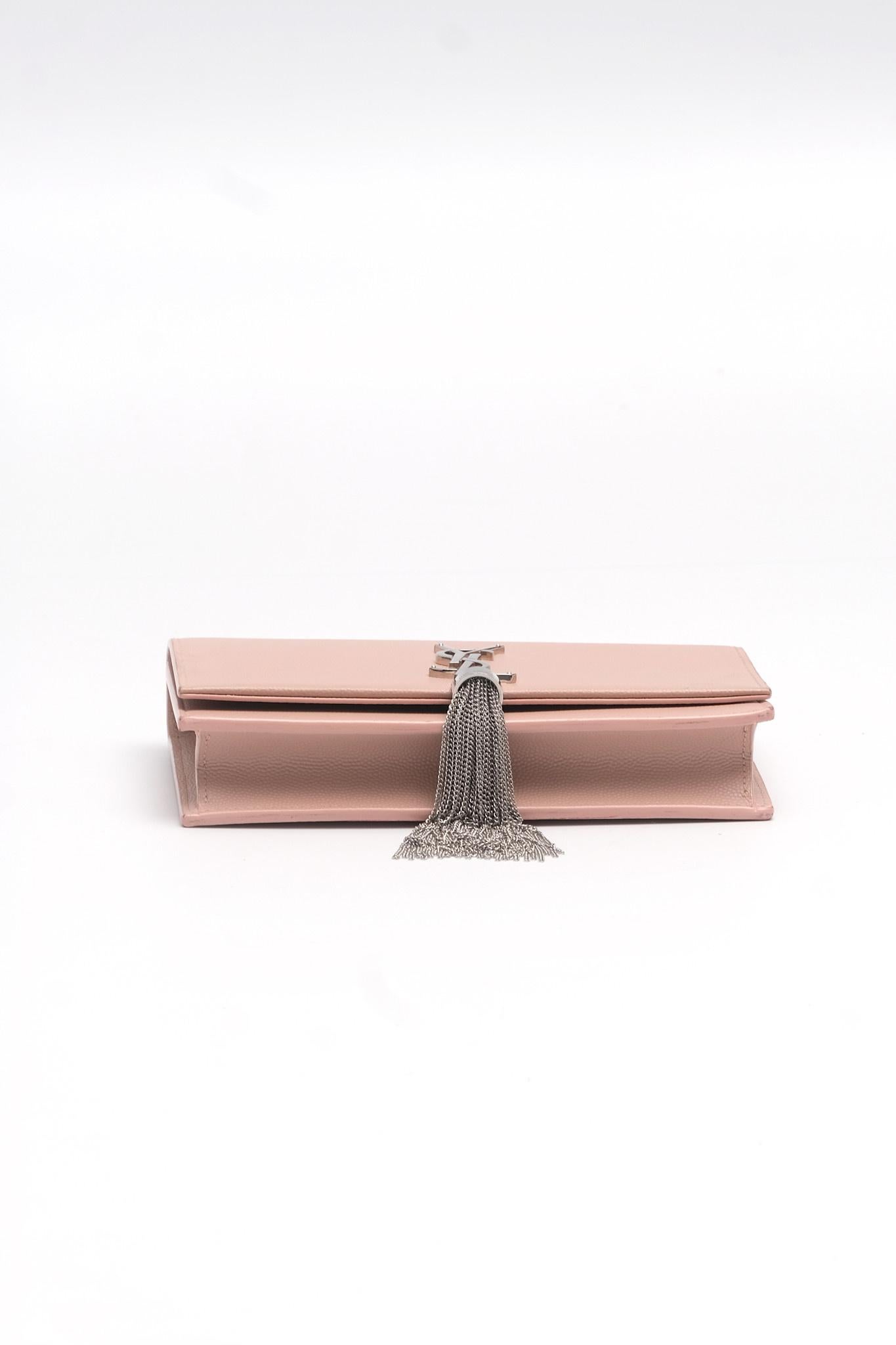 Women's Saint Laurent Kate Wallet On Chain Small Pink Grain De Poudre Embossed Leather