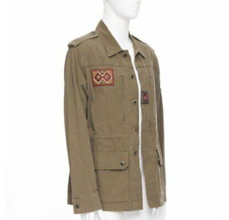 Beige SAINT LAURENT khaki green cotton ethnic embroidery safari coat jacket FR50 L