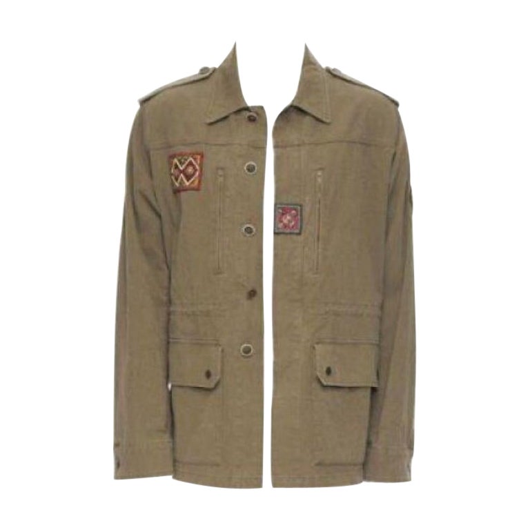 SAINT LAURENT khaki green cotton ethnic embroidery safari coat jacket FR50 L