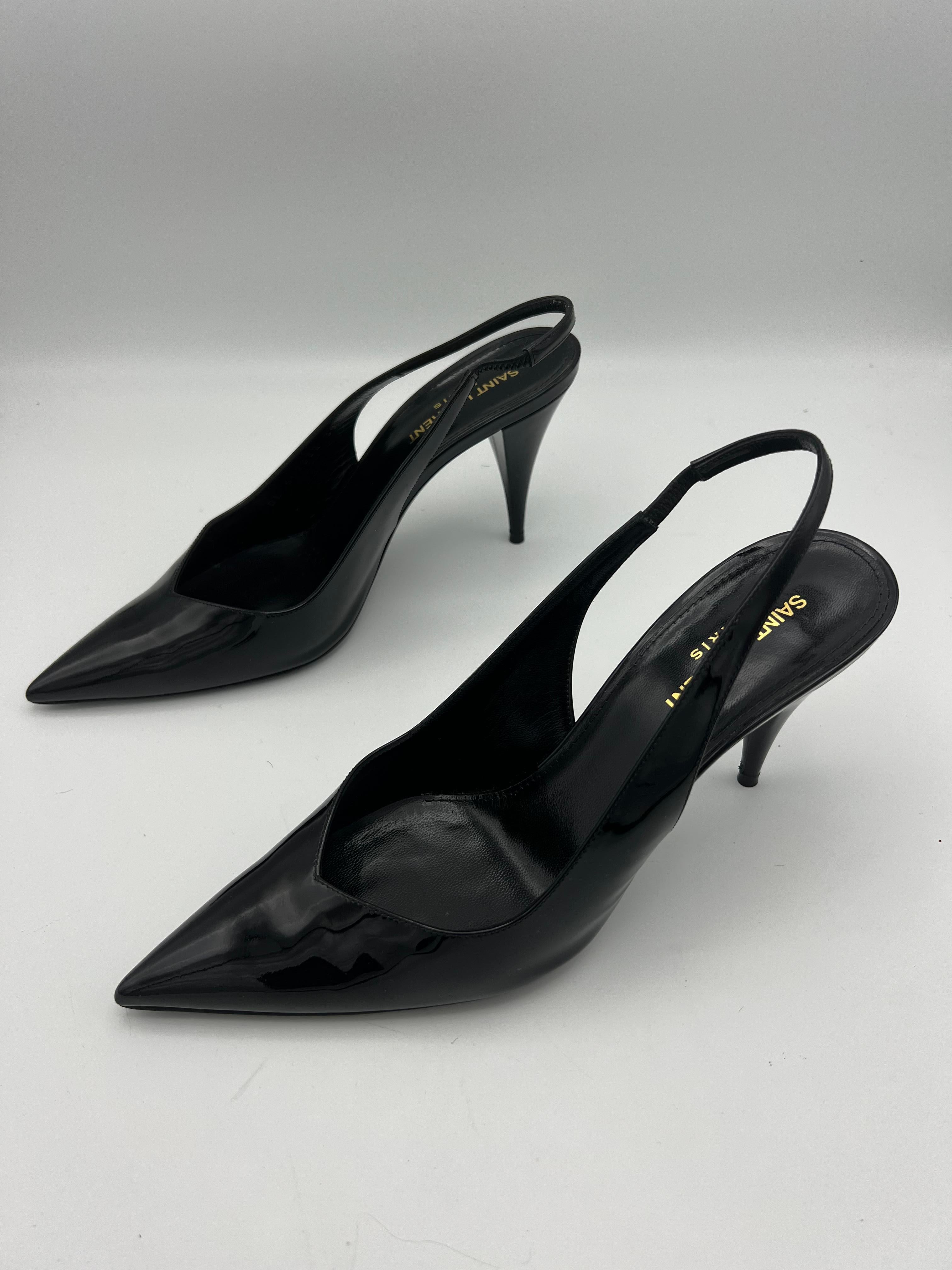 Product details:

The shoes feature pointed toe and slingback strap style. Heel height is 4”. Made in Italy.
