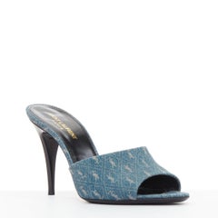 SAINT LAURENT La 16 Mules Cassandre Denim blue YSL monogram sandal heels EU37.5