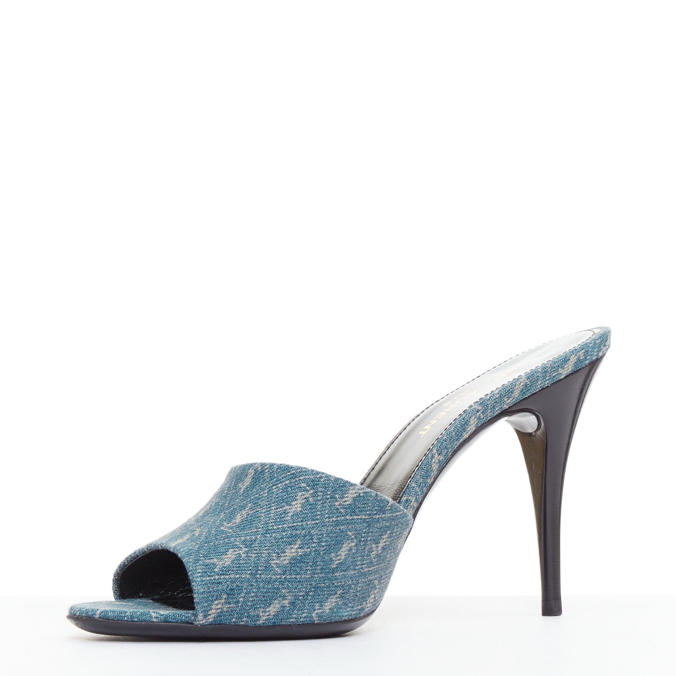 SAINT LAURENT La 16 Pantoletten Cassandre Denim blau YSL Monogram Sandale Absätze EU37.5 Damen im Angebot