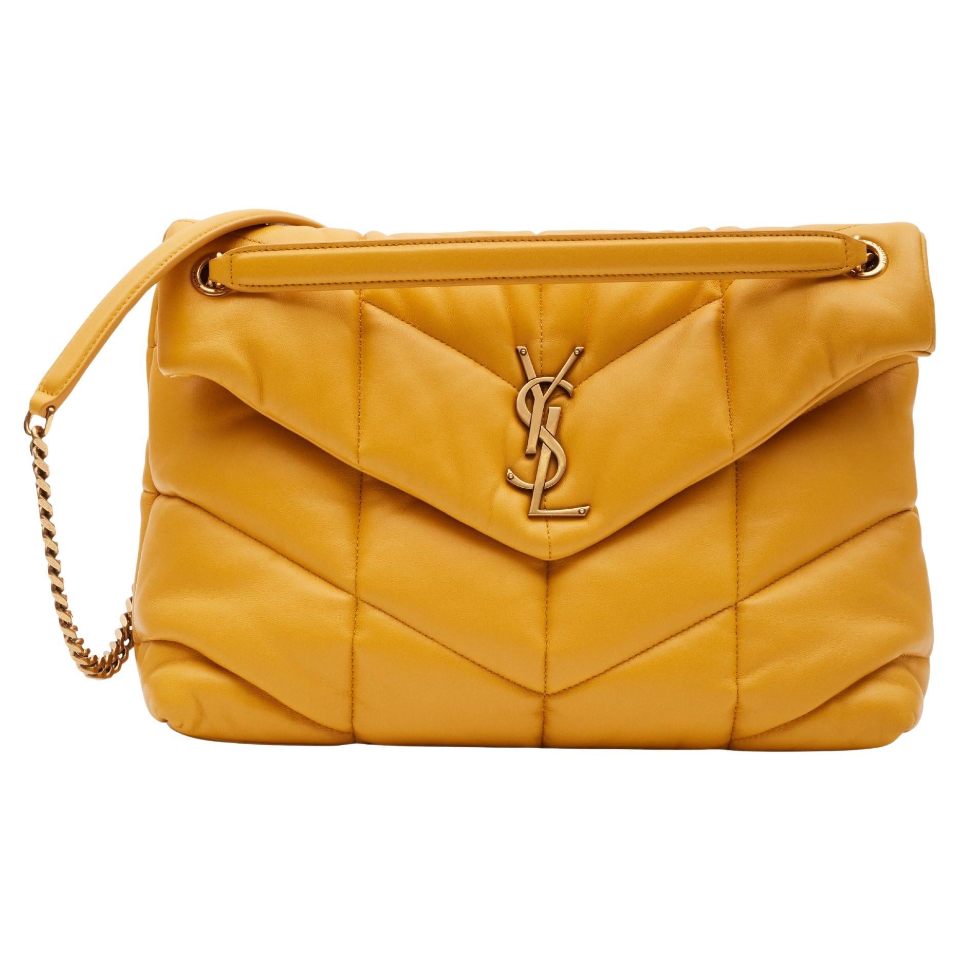 Saint Laurent Lambskin Loulou Puffer Chain Saffran Medium Satchel Bag For Sale at 1stDibs