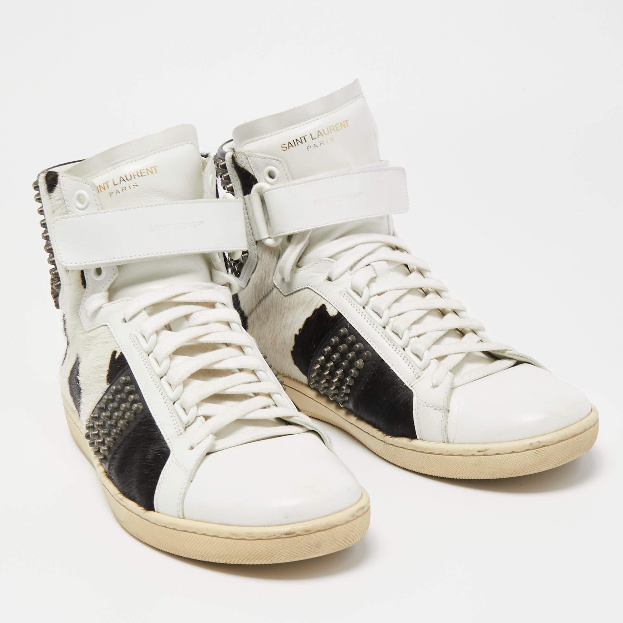 Beige Saint Laurent Leather and Calf Hair Studded High Top Sneakers Size 41 For Sale