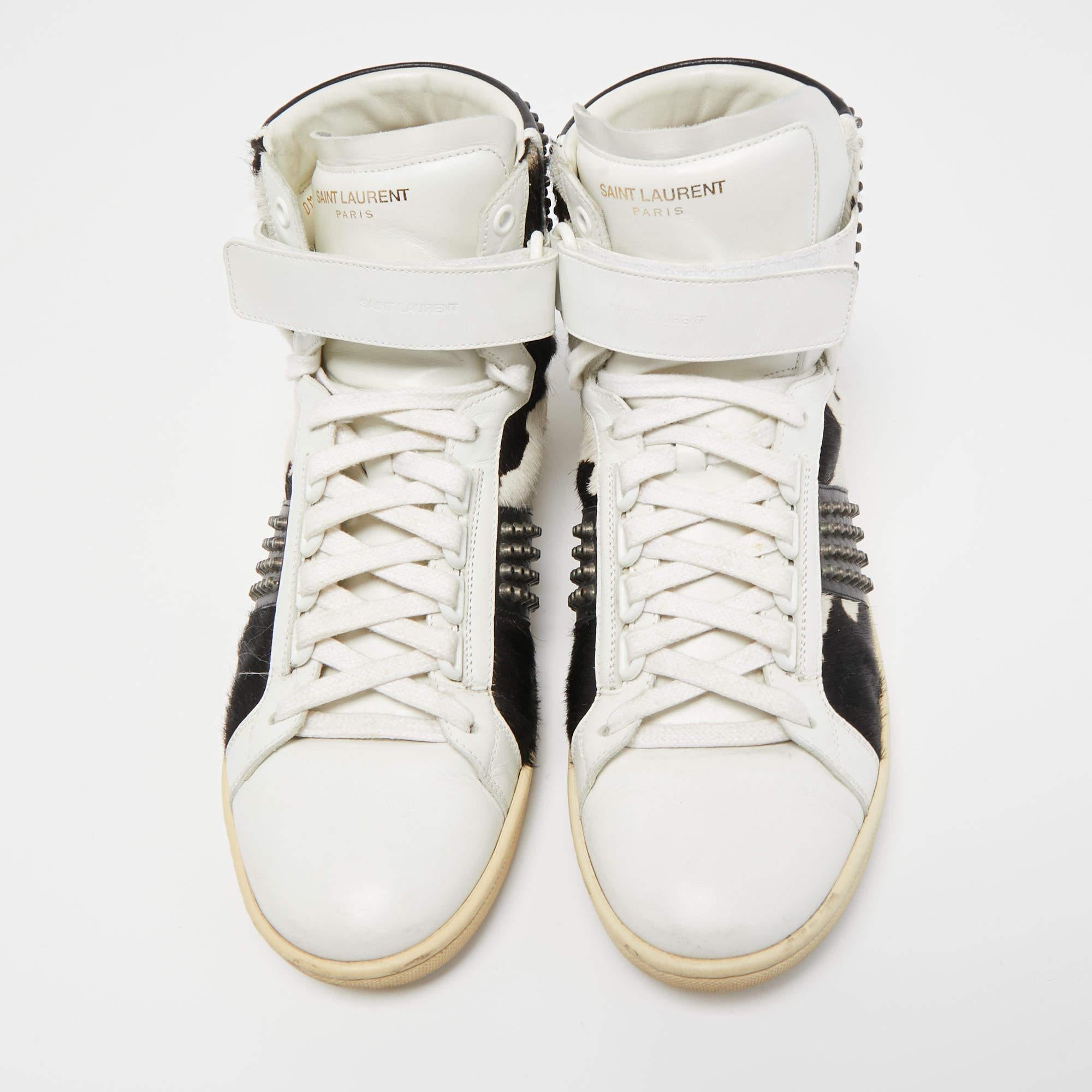 Men's Saint Laurent Leather and Calf Hair Studded High Top Sneakers Size 41 For Sale
