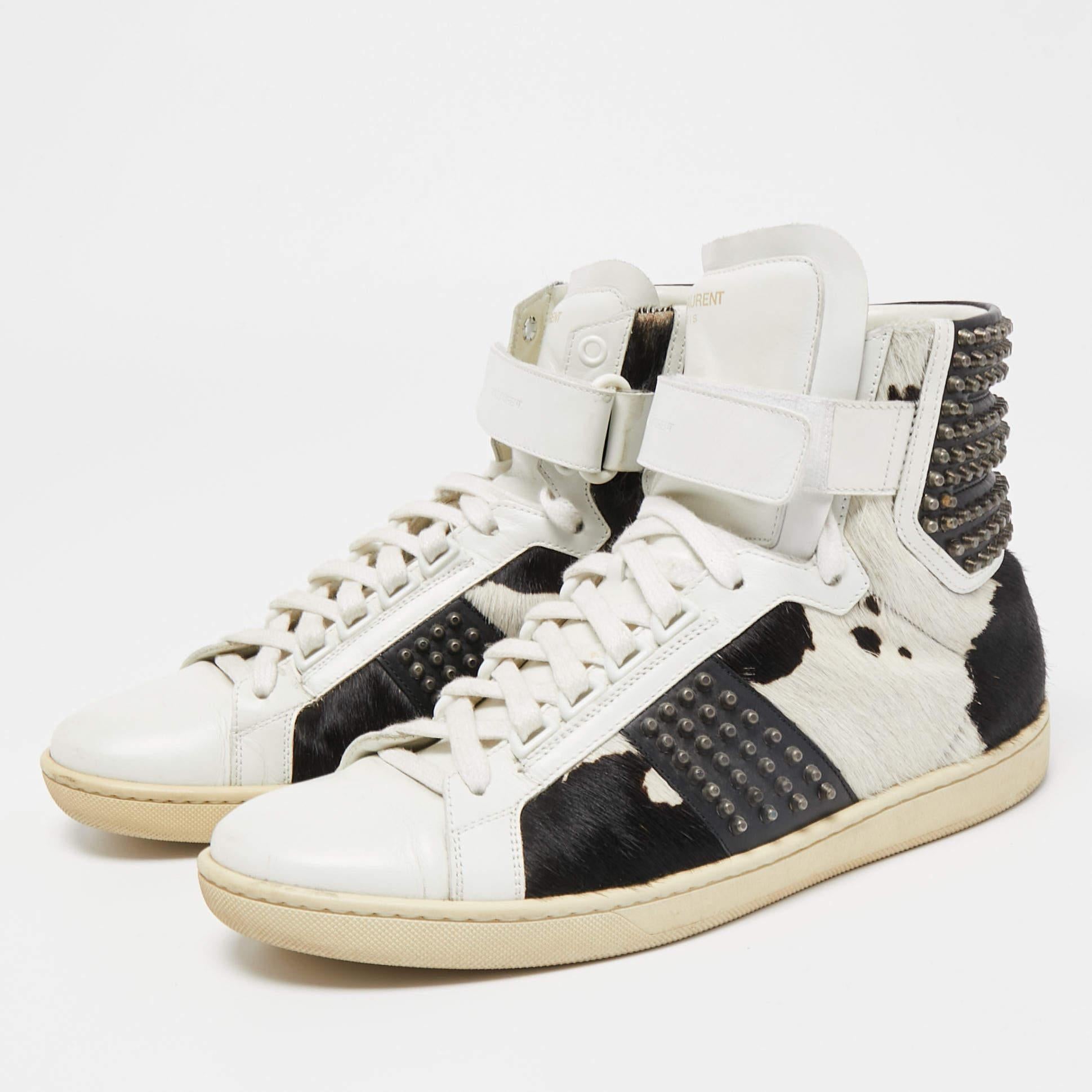 Saint Laurent Leather and Calf Hair Studded High Top Sneakers Size 41 For Sale 1