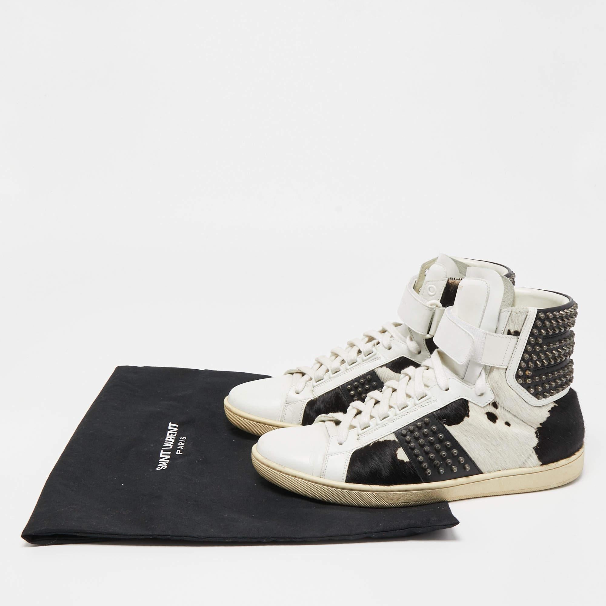 Saint Laurent Leather and Calf Hair Studded High Top Sneakers Size 41 For Sale 4
