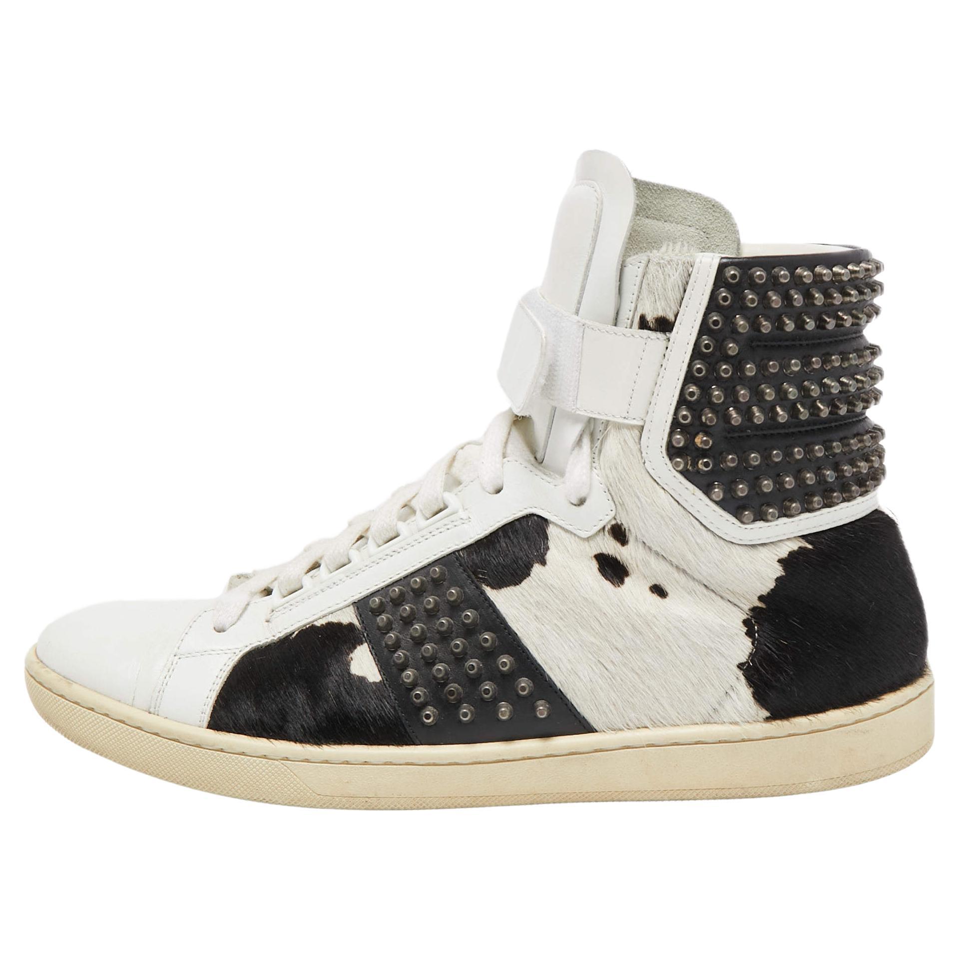 Saint Laurent Leather and Calf Hair Studded High Top Sneakers Size 41 For Sale