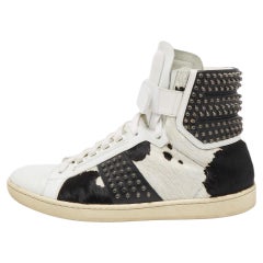 Saint Laurent Leather and Calf Hair Studded High Top Sneakers Size 41