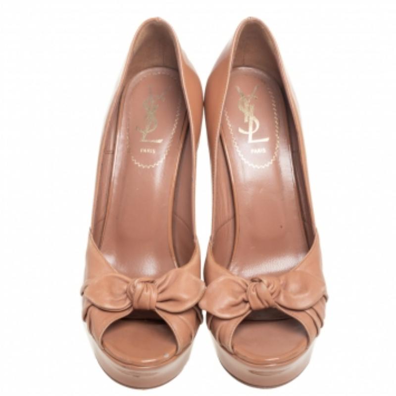 Saint Laurent Leather Bow Tie Palais Platform Peep Toe Pumps Size 37.5 In Fair Condition In Dubai, Al Qouz 2