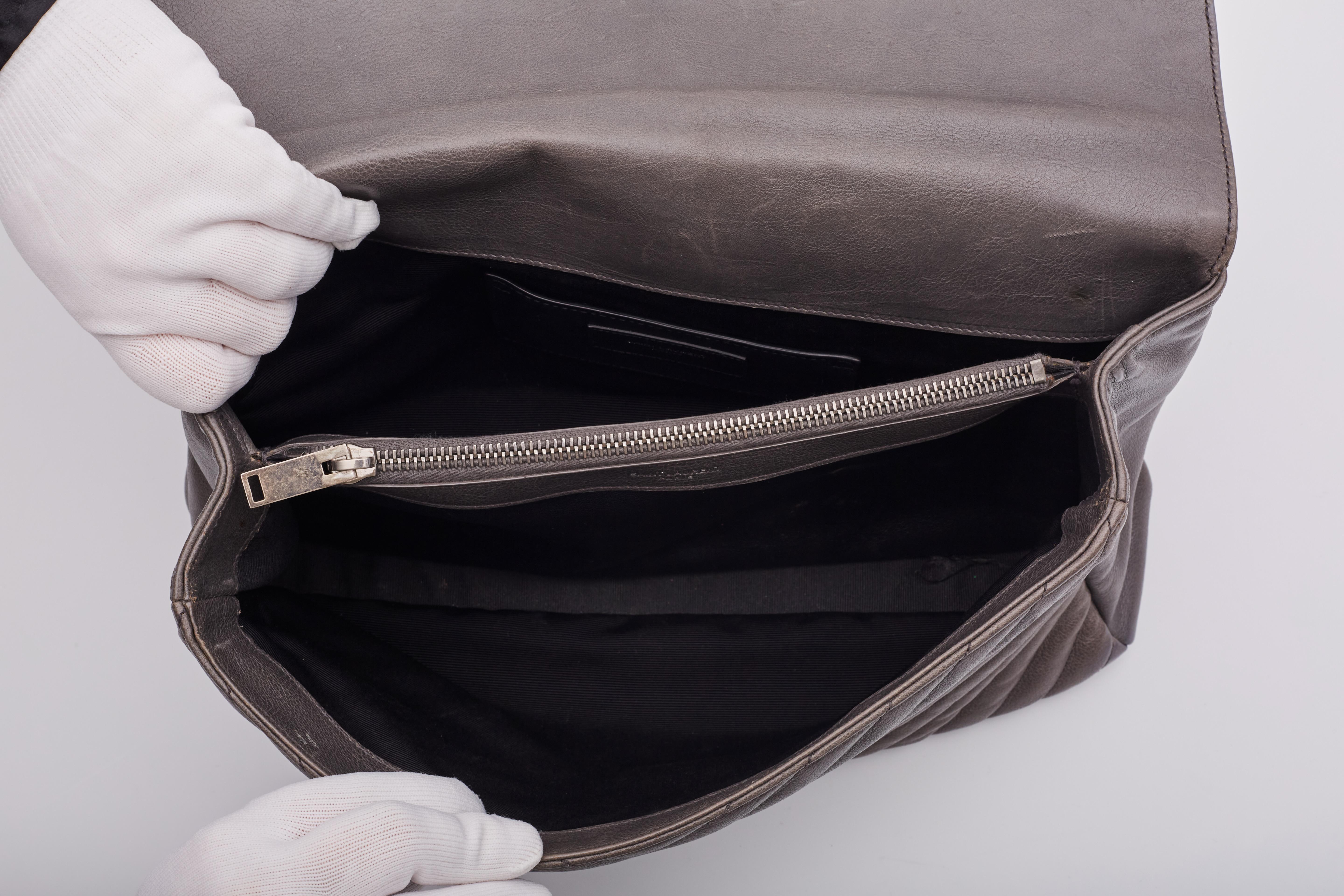 Saint Laurent Leather Chevron College Chain Satchel Bag Grey 5