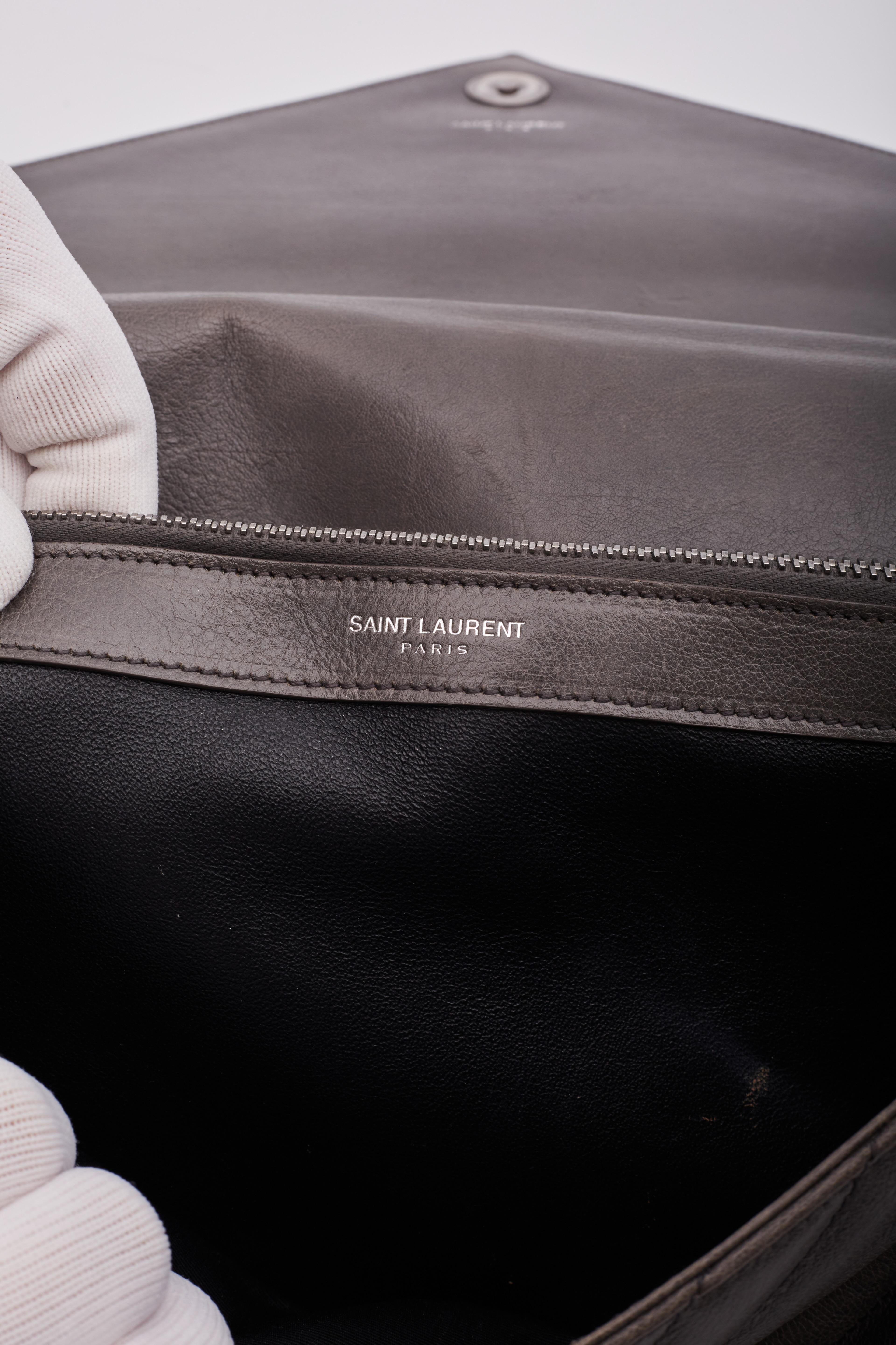 Saint Laurent Leather Chevron College Chain Satchel Bag Grey 6