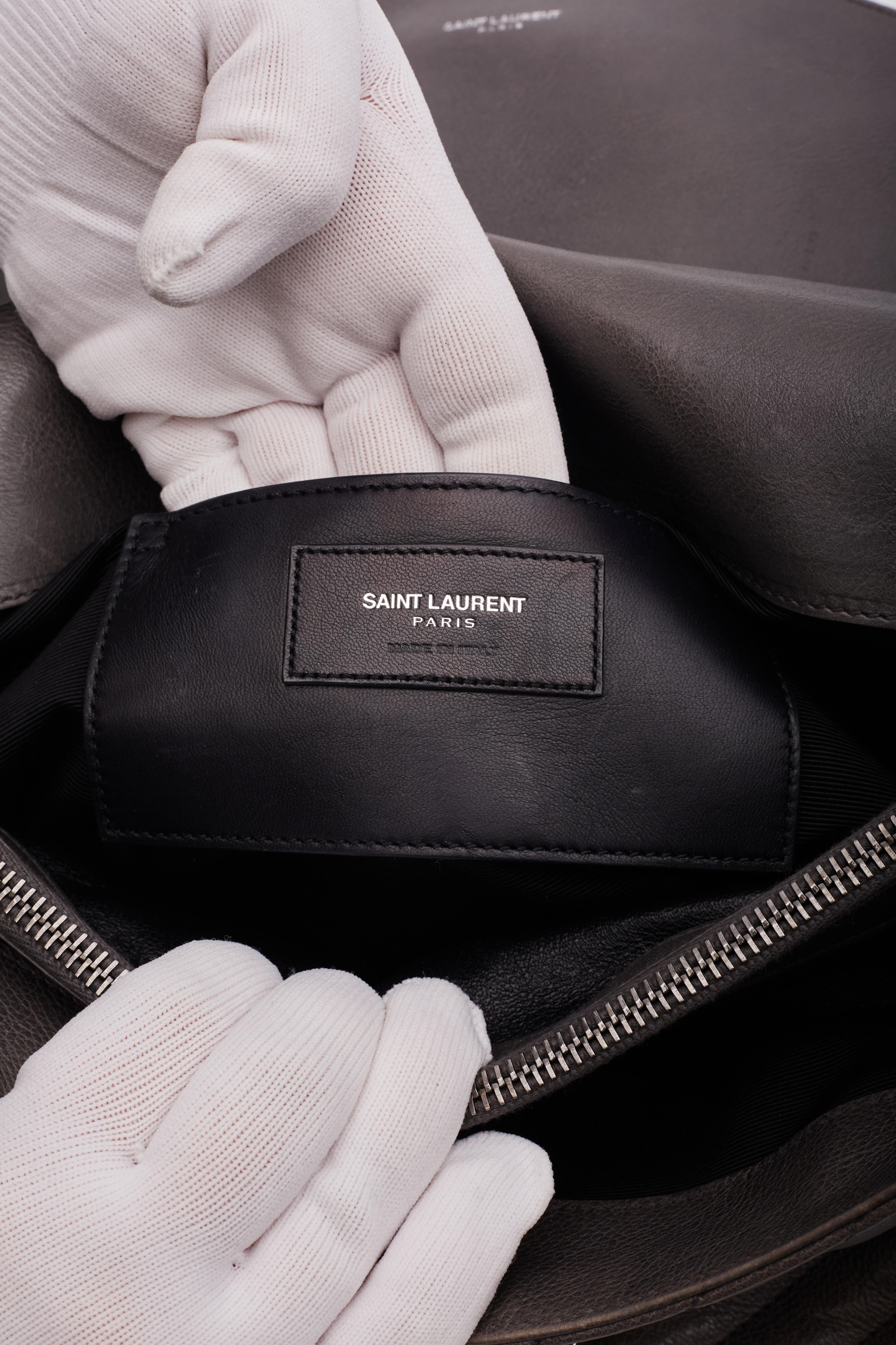 Saint Laurent Leather Chevron College Chain Satchel Bag Grey 7