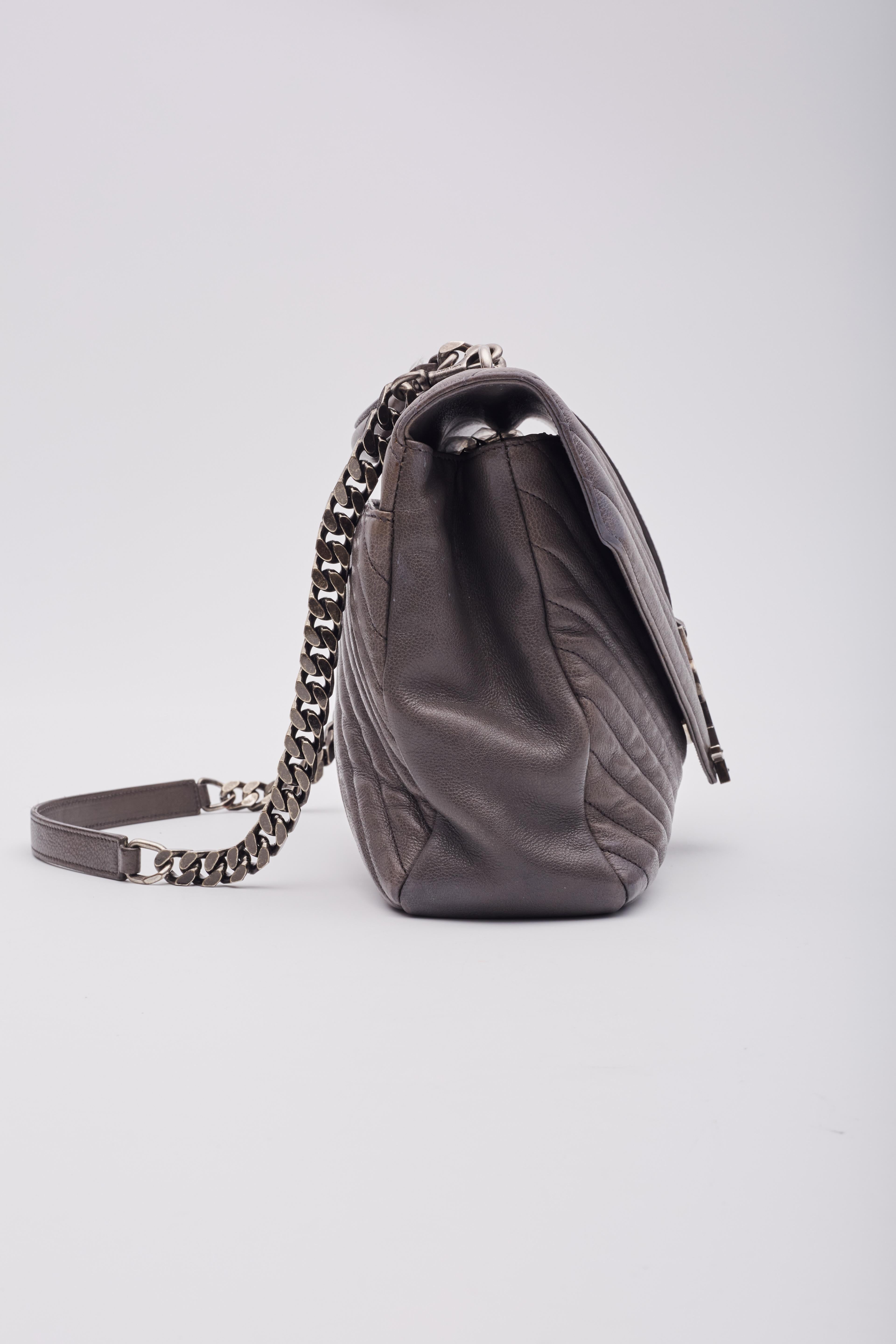 Women's Saint Laurent Leather Chevron College Chain Satchel Bag Grey