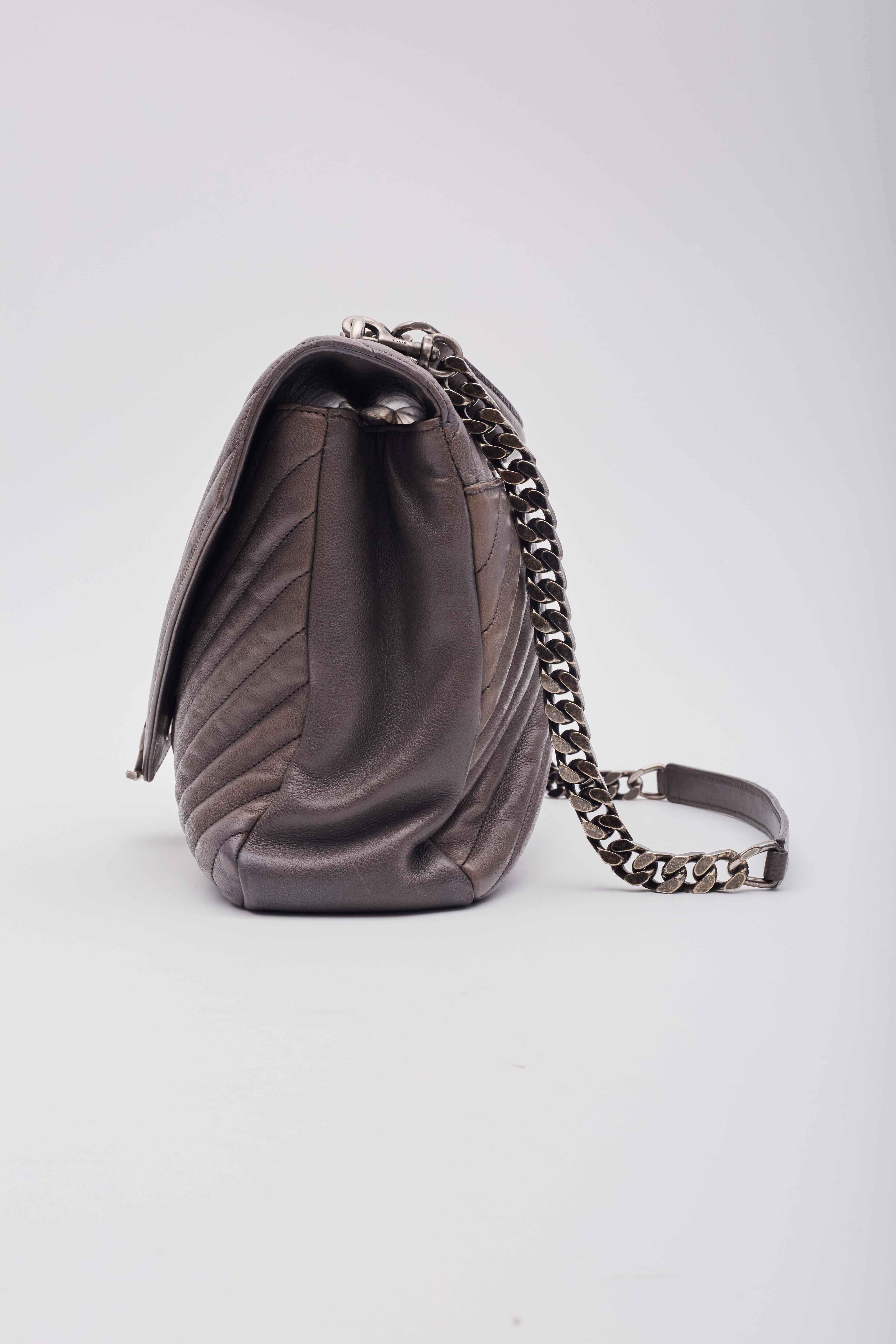 Saint Laurent Leather Chevron College Chain Satchel Bag Grey 1