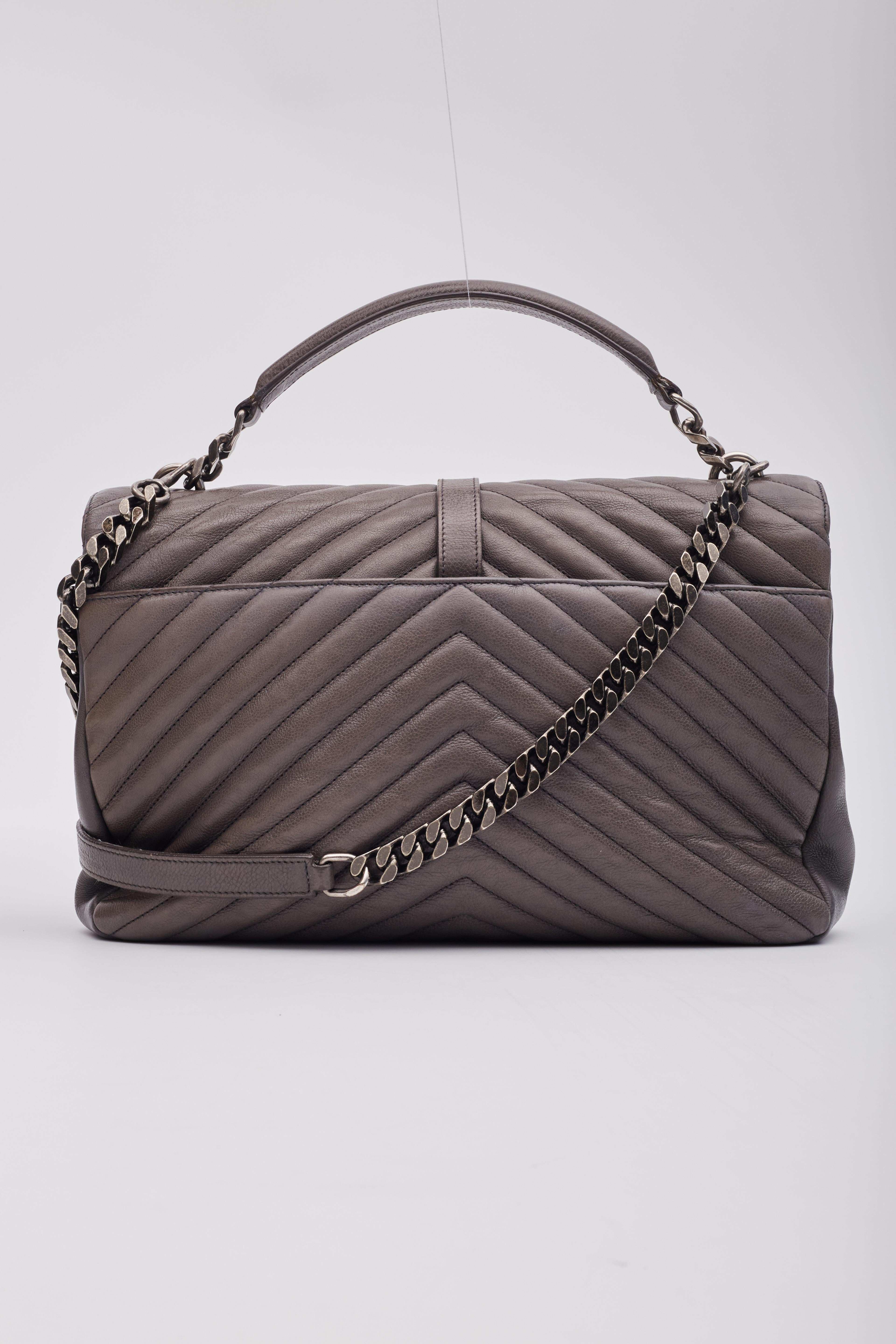 Saint Laurent Leather Chevron College Chain Satchel Bag Grey 3