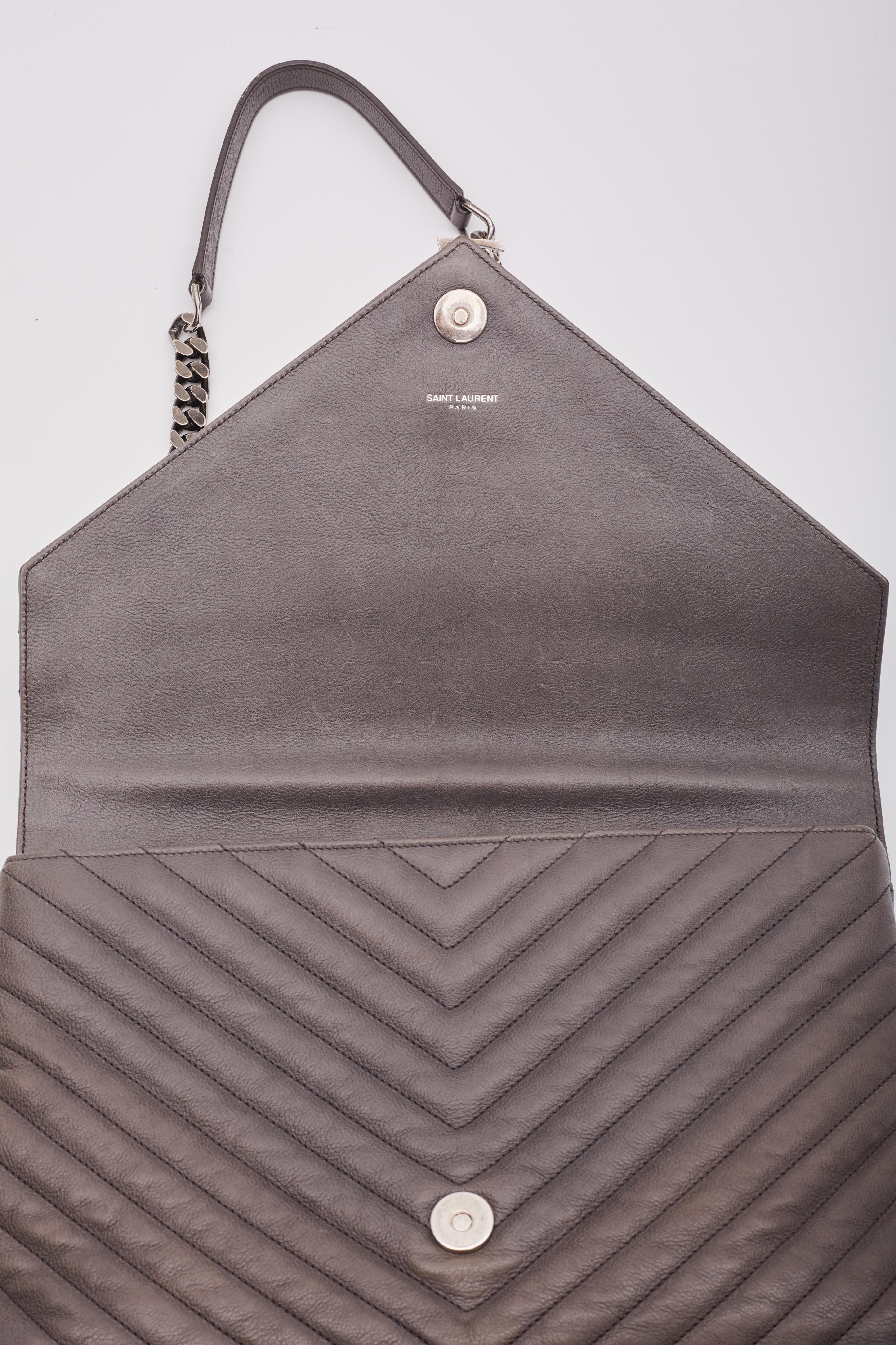 Saint Laurent Leather Chevron College Chain Satchel Bag Grey 4